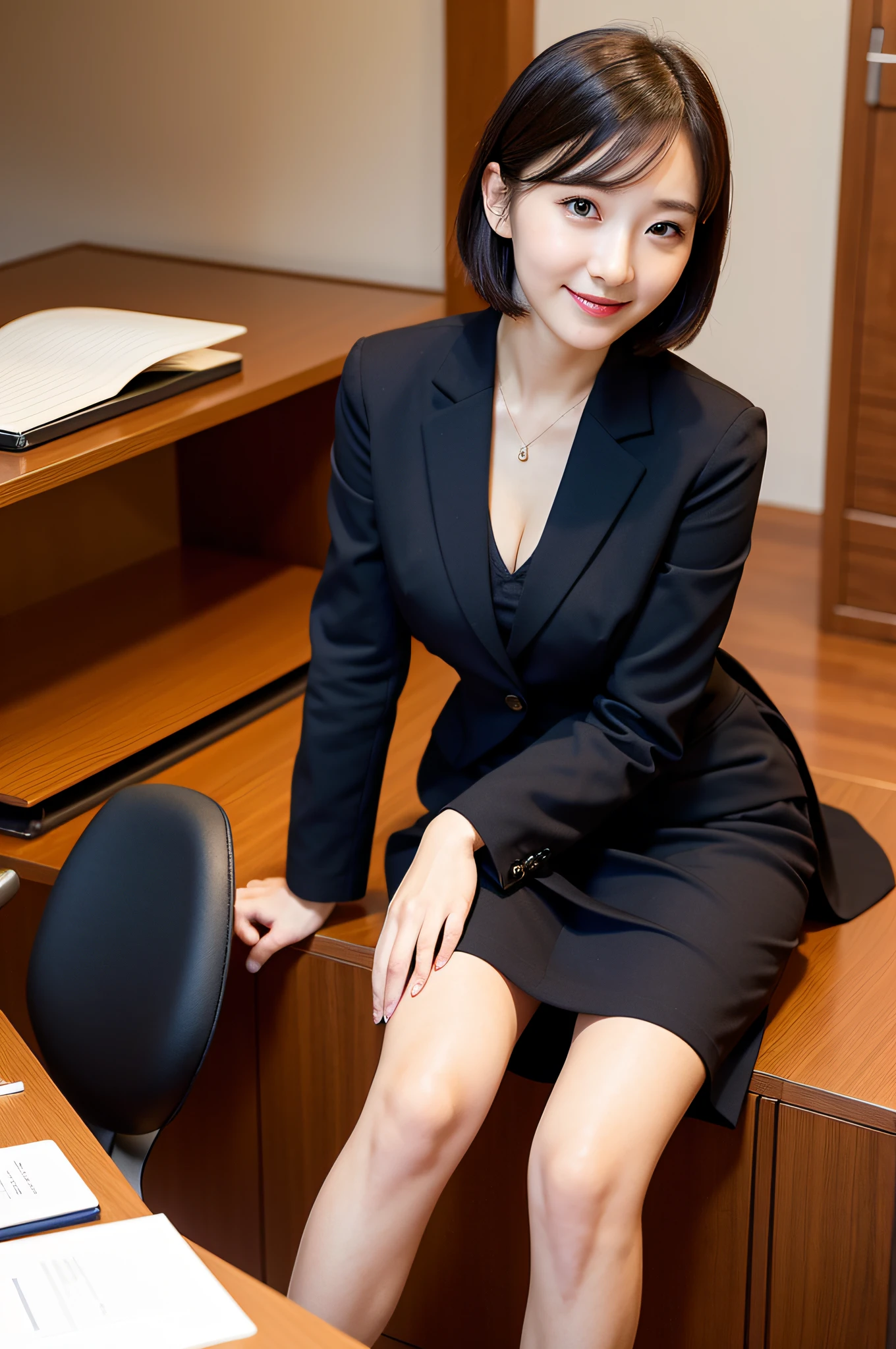 (Top Quality, Masterpiece: 1.2), Woman, Portrait, Japan Woman, 20s, Beauty, Office Lady, Office Lady, Gentle Smile, Tight Skirt, Knee Length, Black Business Suit, Camisole, Beautiful, Breast Chiller, Short Hair, Slender, Cute, Baby Face