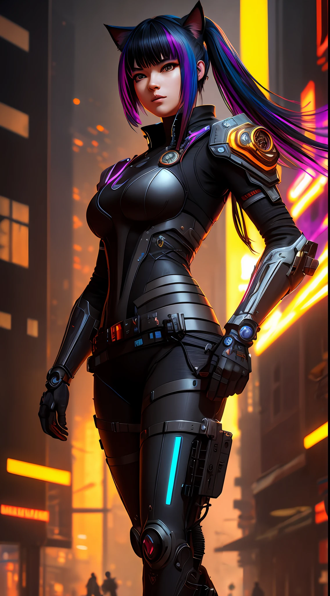 /imagine prompt:Insanely detailed full body photograph of a beautiful cyberpunk Nekomata catgirl, fringe and bangs multicolor shapeless hairstyle, asian eyes, cyberpunk armor, one face, hyperdetailed painting, 32k resolution, concept art by Greg Rutkowski, Artgerm, WLOP, Alphonse Mucha, dynamic lighting, hyperdetailed, intricately detailed, Splash art, trending on Artstation, triadic colors, Unreal Engine 5, volumetric lighting, rim lighting