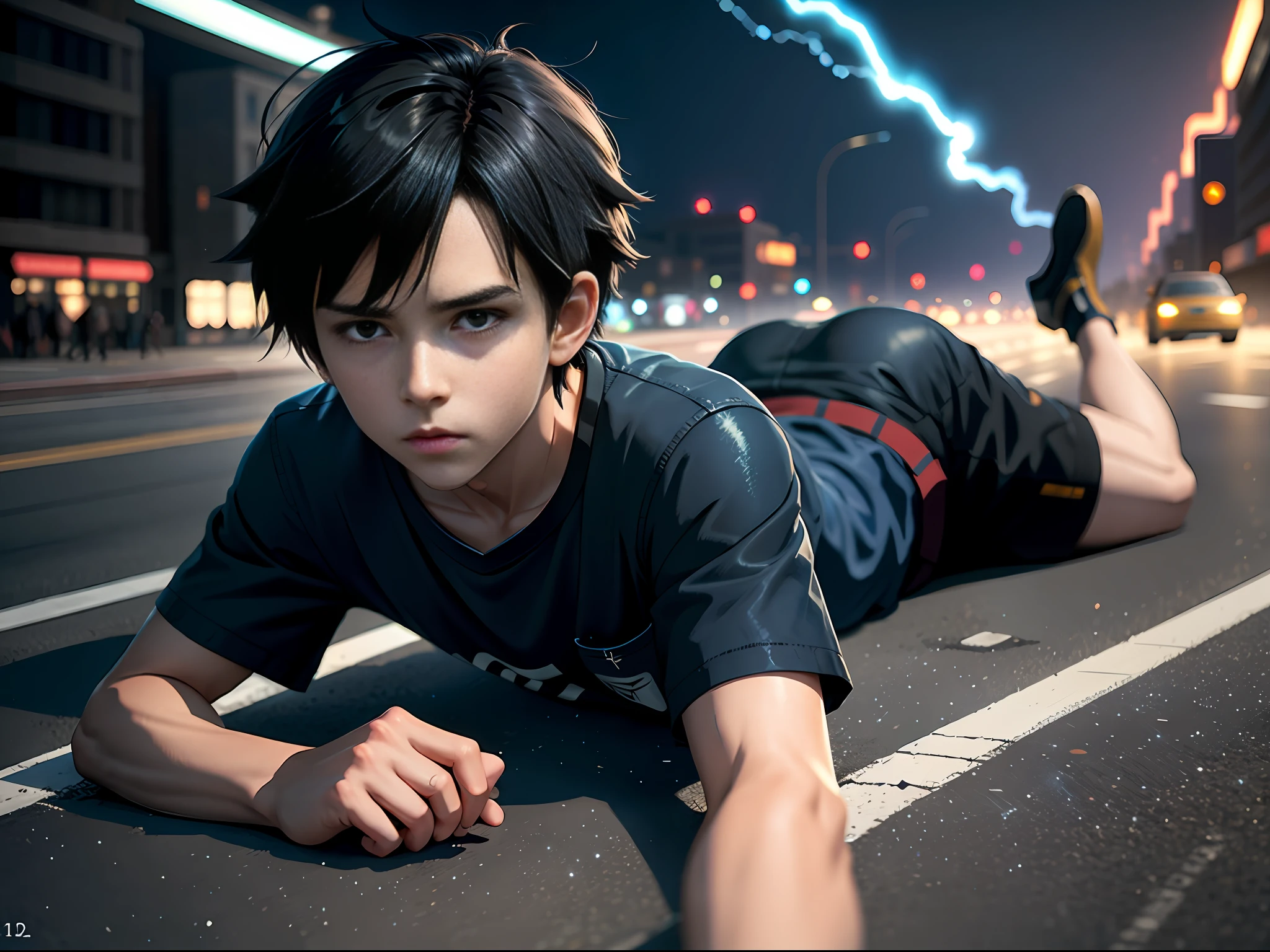 (boy lying unconscious on the road: 1.2), (blue and black lightning particle effects emitting around), 3d rendering, cinematic lighting effects, cinematic special effects, bangs, black hair, black shirt, shirt, solo, trends on artstation, 8k resolution, very detailed, clear images, digital painting, concept art, fashion trends on pixiv, Makoto Shinkai's style,