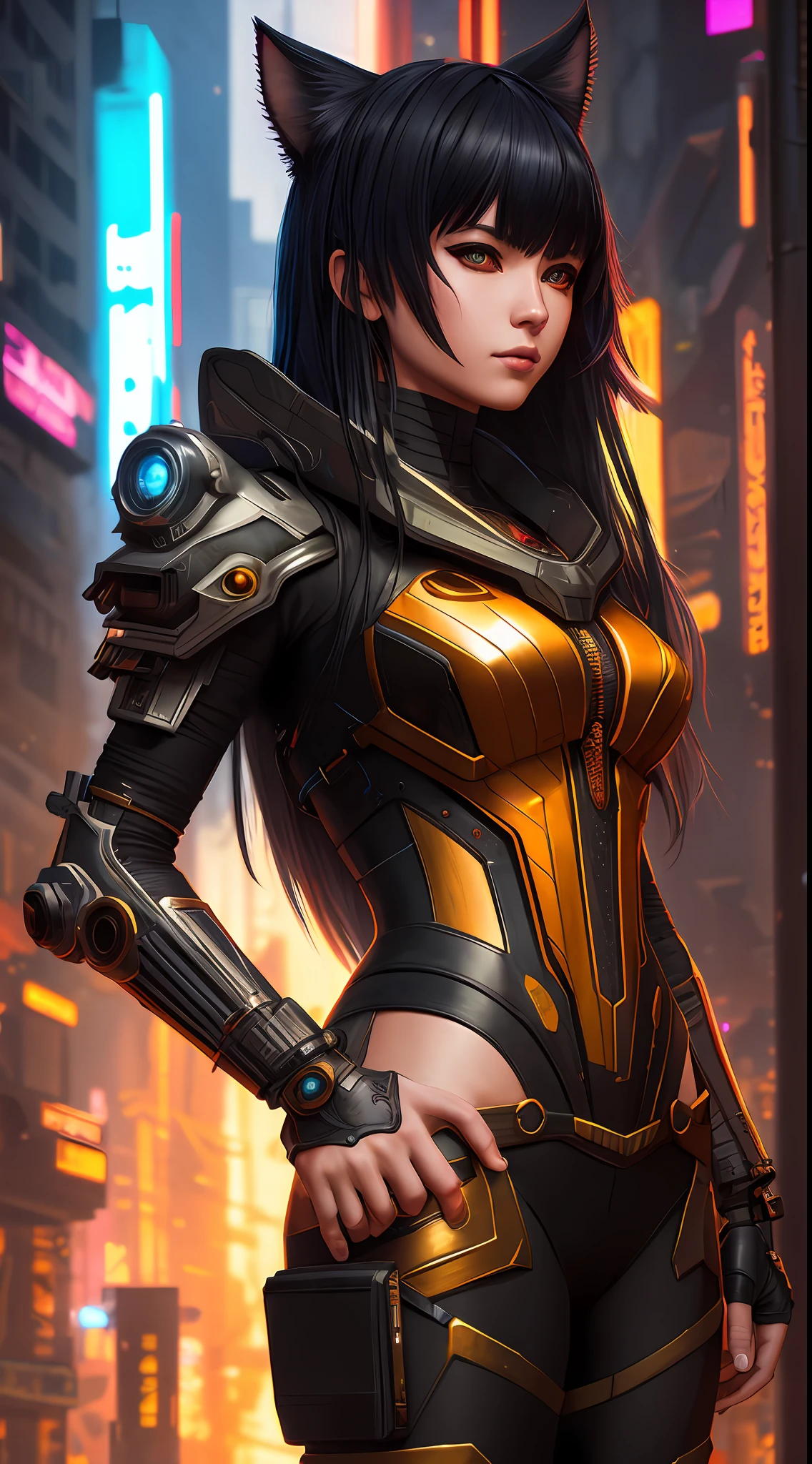 /imagine prompt:Insanely detailed full body photograph of a beautiful cyberpunk Nekomata catgirl, fringe and bangs multicolor shapeless hairstyle, asian eyes, cyberpunk armor, one face, hyperdetailed painting, 32k resolution, concept art by Greg Rutkowski, Artgerm, WLOP, Alphonse Mucha, dynamic lighting, hyperdetailed, intricately detailed, Splash art, trending on Artstation, triadic colors, Unreal Engine 5, volumetric lighting, rim lighting