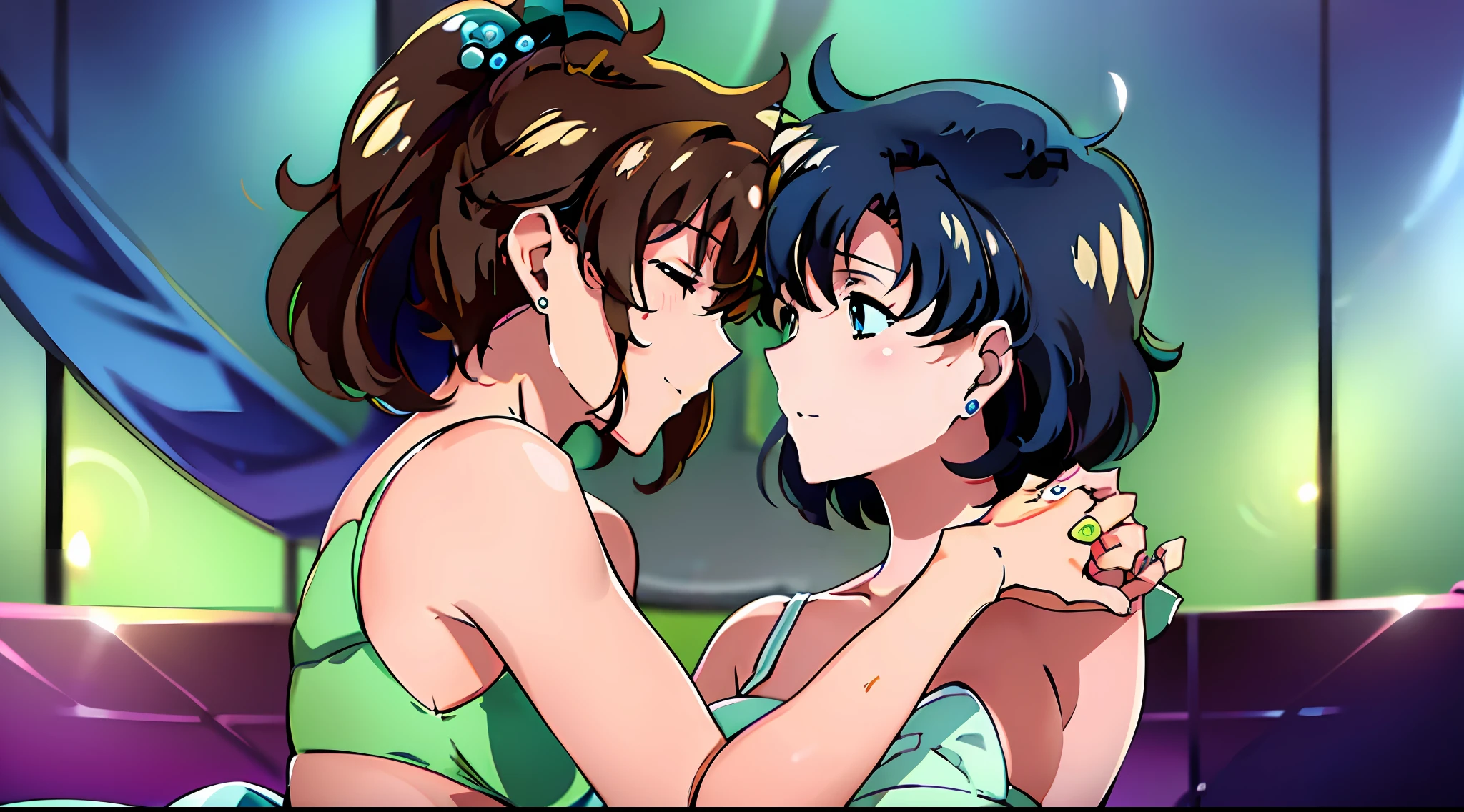 (illustration),closed_eyes,2girls multiple_girls,closed kiss,female_focus 人工呼吸,emergency,rescue,yuri,14yearsold,j modern bedroom BREAK masterpiece, best quality, absurdres, perfect antomy,brown hair,green eyes,(serious:1.1) ponytail,(green underwear:1.1),right side,0.5 BREAK (masterpiece), (best quality),(ultra-detailed),navy hair,bob cut,sharp focus, detailed face, perfect anatomy,(intricate details), (depth of field),blue eyes,(意識不明:1.1) (blue underwear:1.1),left side,0.5