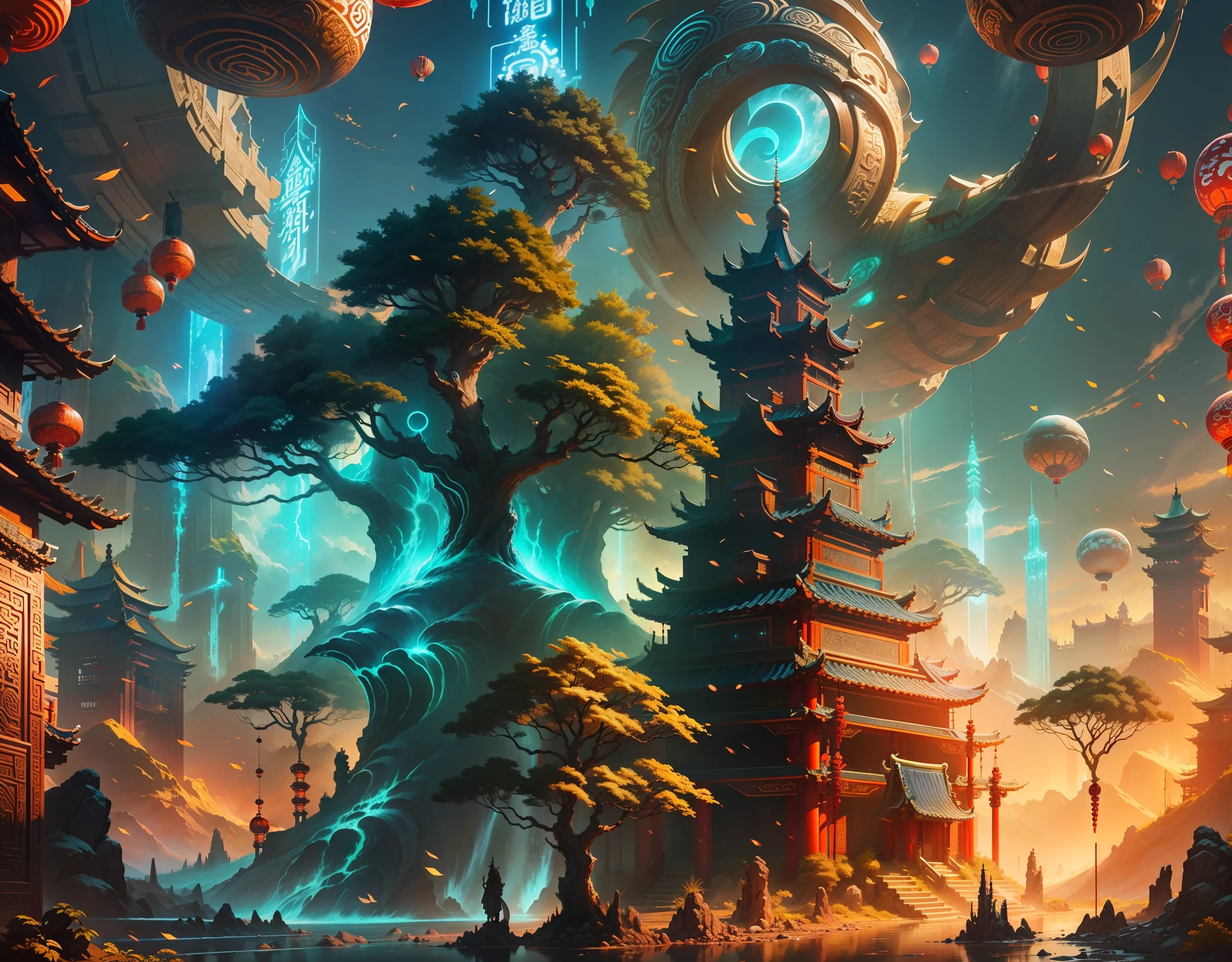 Magical sky, sunny day, rugged and undulating fantasy continent, mythology, huge trees that glow up the sky, many ancient Chinese buildings, palaces, many lights lit up inside the building, huge scenes, best quality, pure scenery, no people