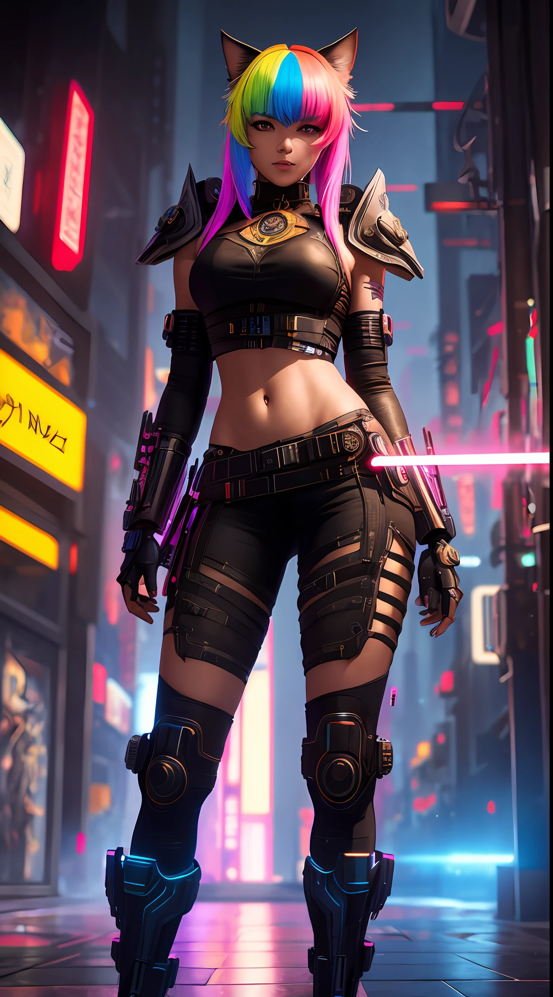 /imagine prompt:Insanely detailed full body photograph of a beautiful cyberpunk Nekomata catgirl, fringe and bangs multicolor shapeless hairstyle, asian eyes, cyberpunk armor, one face, hyperdetailed painting, 32k resolution, concept art by Greg Rutkowski, Artgerm, WLOP, Alphonse Mucha, dynamic lighting, hyperdetailed, intricately detailed, Splash art, trending on Artstation, triadic colors, Unreal Engine 5, volumetric lighting, rim lighting