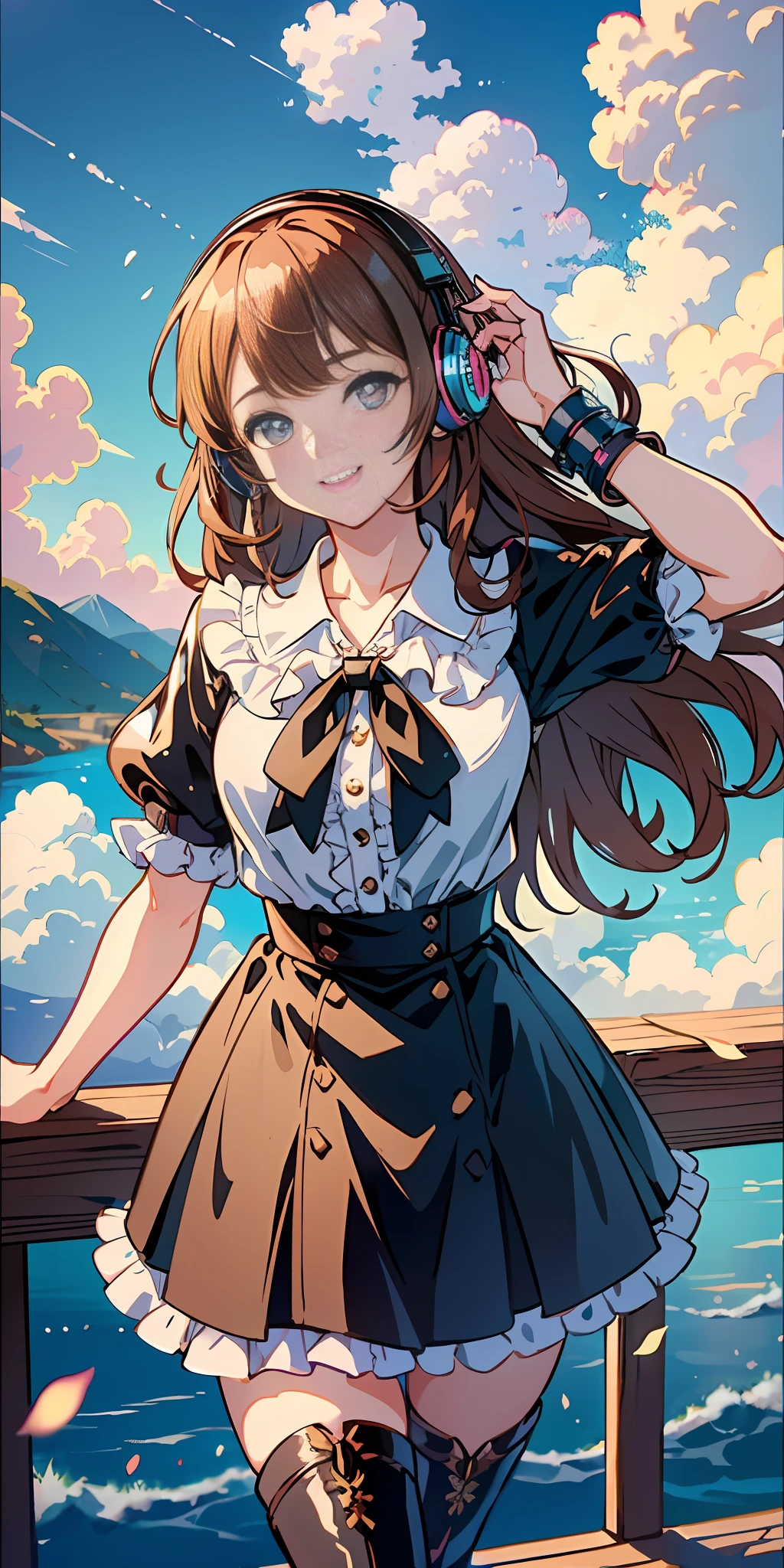 a girl, Short sleeves on the upper body, Skinny leather skirt, Leather boots, Headphones around your neck, Fashionable clothing, Hand on the railing, The background is a cloud high in the sky, Colorful clouds, The clouds are seen from above, light brown hair, blunt bangs, long hair, hair flaps, hairpin, heart-shaped pupils, light smile, rococo style, anime style, cinematic lighting, sparkle, chromatic aberration abuse, anaglyph, cowboy shot, 85mm, from above, UHD, masterpiece, ccurate, anatomically correct, best quality, highres, high details
