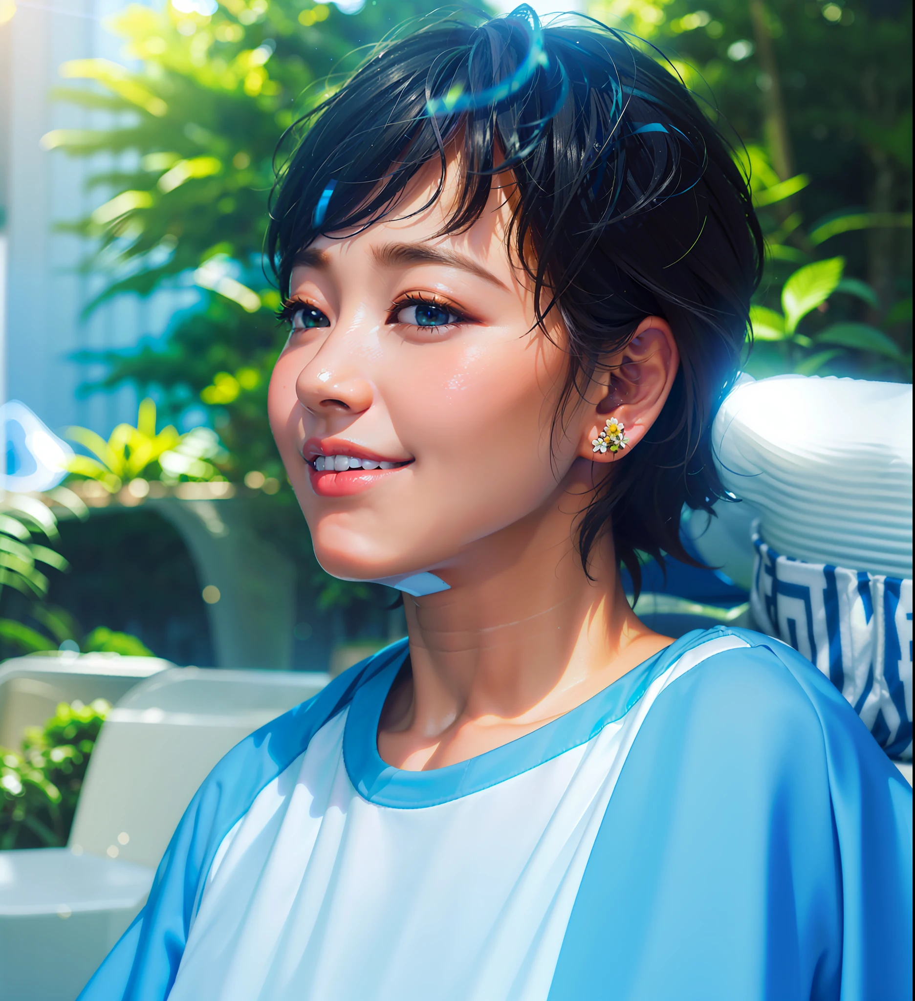 ((3D, best quality: 1.3)), ultra-detailed, SK, ((((solo)))), (close-up of futuristic 1-year-old baby), casual attire, current fashion, black t-shirt short, a flowering garden, plants in the wind, warm soft glow, motion blur, magnificent blue sky,