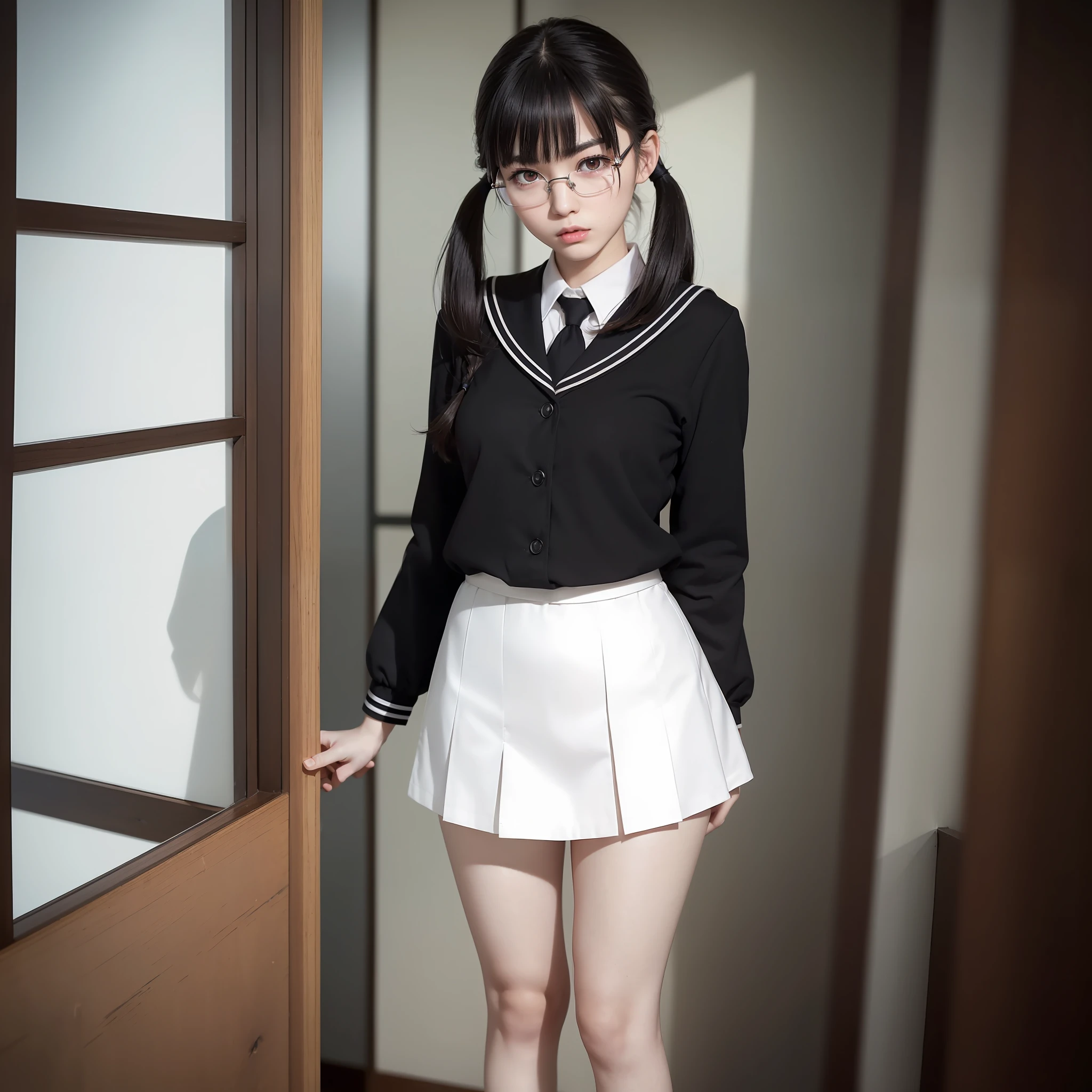 (1 girl))),((One woman))),((Solo),((Full body))),Girls' High School,Sailor Uniform,School Uniform,Raw Photo,Candid, Textured Skin,(((Narrow)),(Sharp eyes),((Bangs about eyebrows)),(Medium Hair:1.2),(View Viewer),Short Twin Tails,Dynamic Lighting, High Resolution,Black Hair, Realistic,Detailed Eyes, Sharp Pupils, Realistic pupils, ultra detailed, slender, pale skin, Japan person, glasses, small, flat breasts,young, tall, dark look, bright black eyes, anger, ,slender body, medium build, small waist, wide thighs, photorealistic