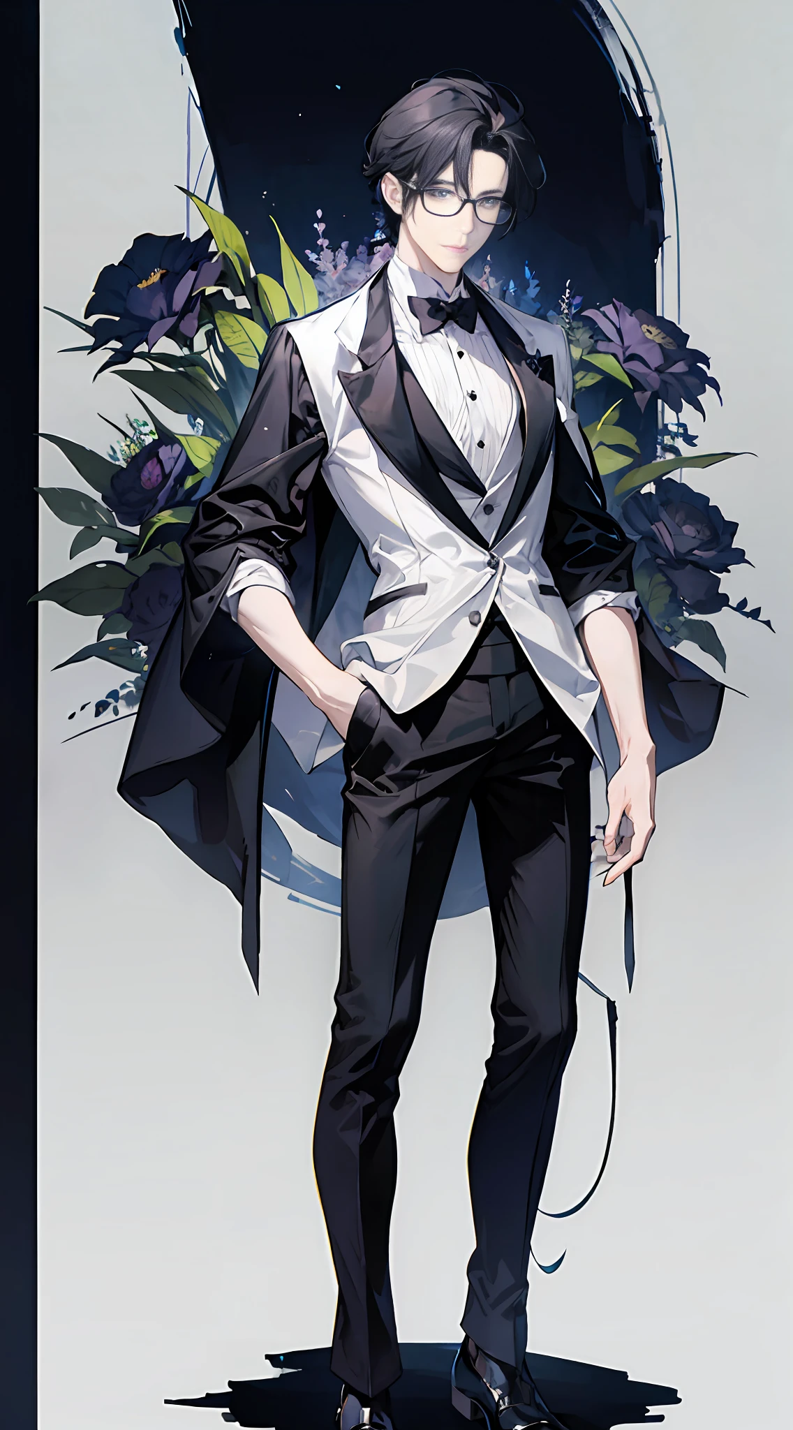 Anime character, solo, with glasses, handsome guy, dark hair, full body photo, wearing a black aristocratic suit, beautiful androgynous prince, simple lines, simple drawing style, formal drawing perspective, pure white background, masterpiece, 8K
