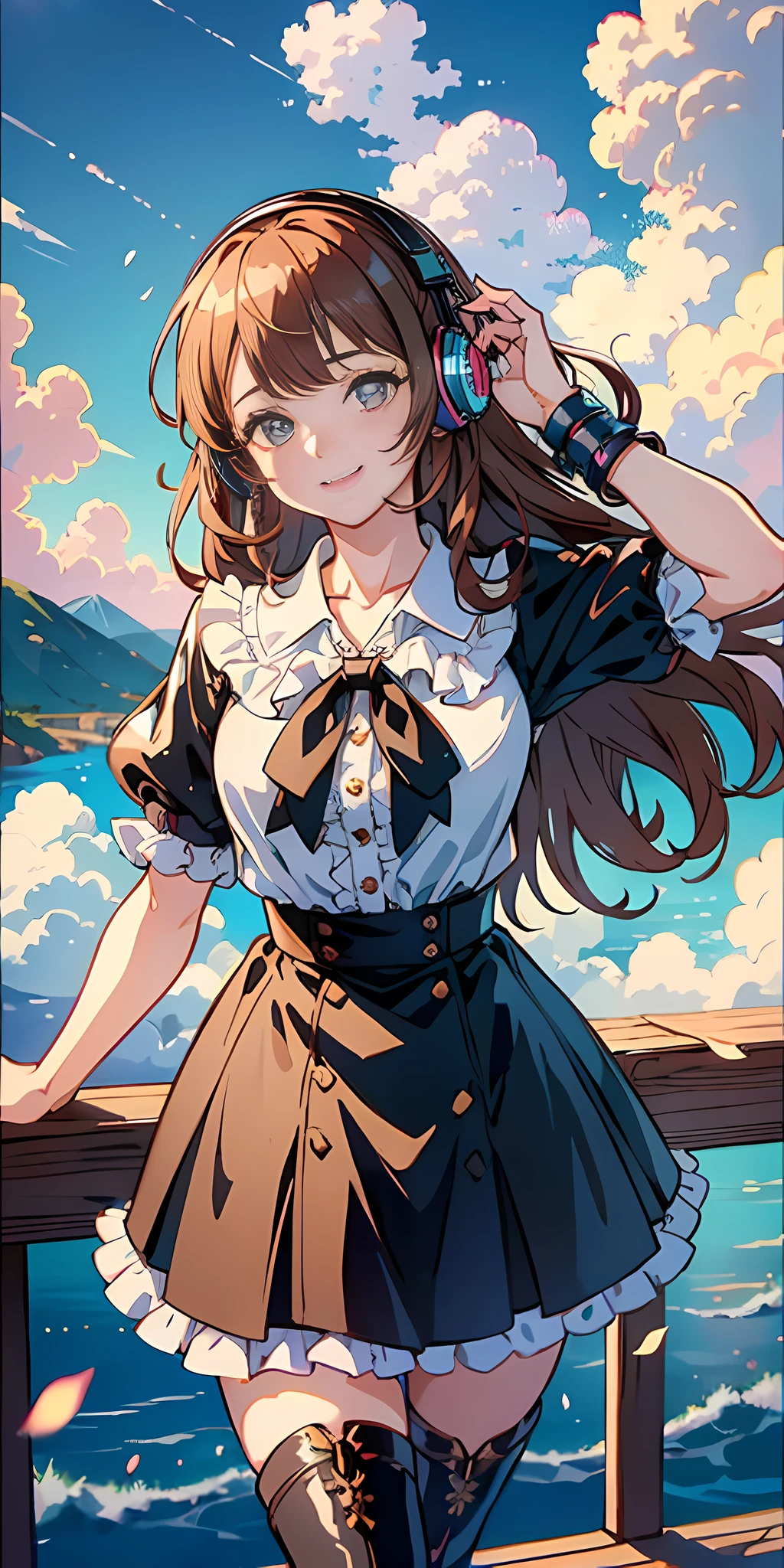 a girl, Short sleeves on the upper body, Skinny leather skirt, Leather boots, Headphones around your neck, Fashionable clothing, Hand on the railing, The background is a cloud high in the sky, Colorful clouds, The clouds are seen from above, light brown hair, blunt bangs, long hair, hair flaps, hairpin, heart-shaped pupils, light smile, rococo style, anime style, cinematic lighting, sparkle, chromatic aberration abuse, anaglyph, cowboy shot, 85mm, from above, UHD, masterpiece, ccurate, anatomically correct, best quality, highres, high details