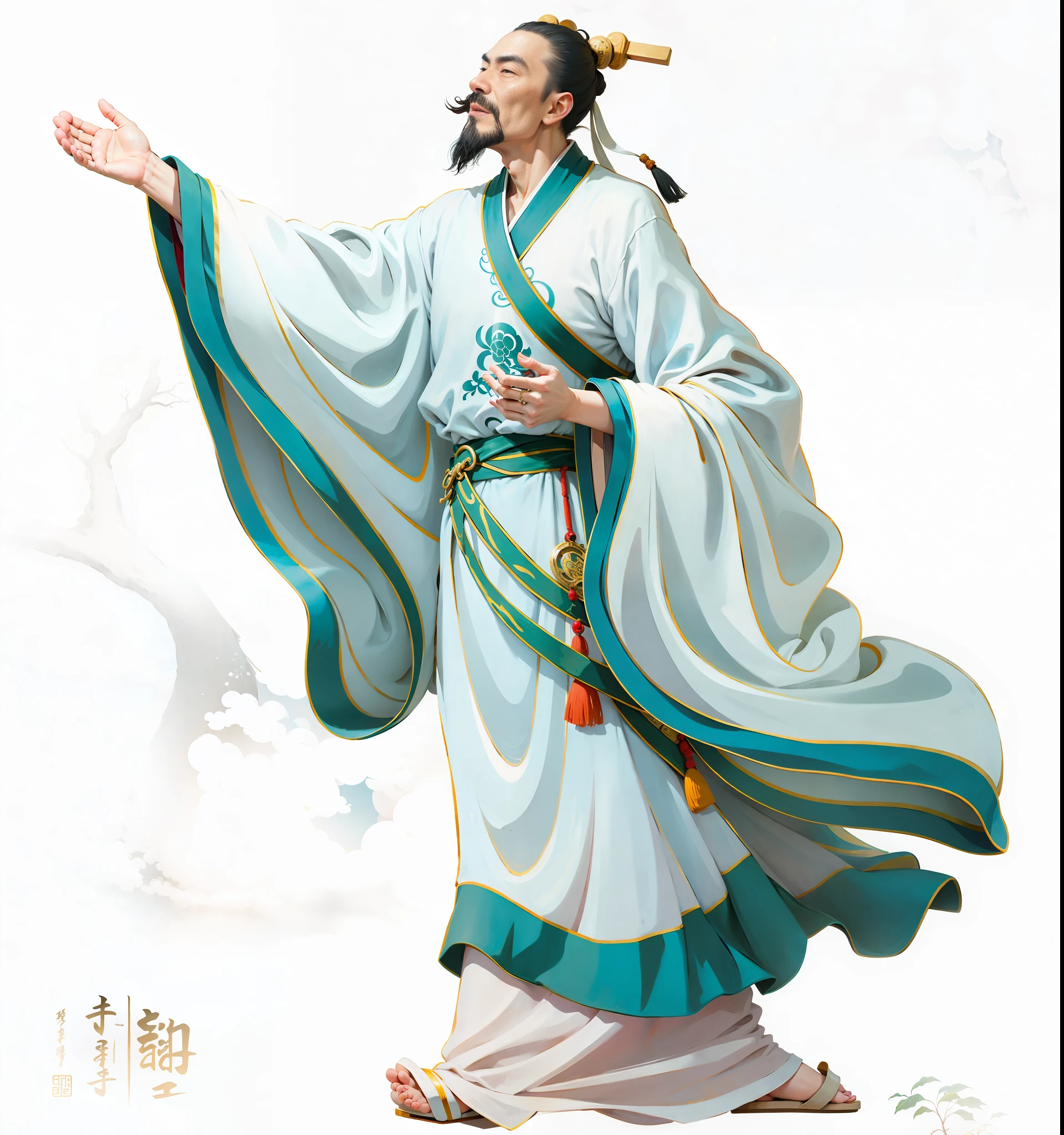 An ancient Chinese man, looking up and wearing Hanfu, chanting poetry movements, singing long sleeves, feet wearing ancient shoes, background is ink landscape, HD, 8K