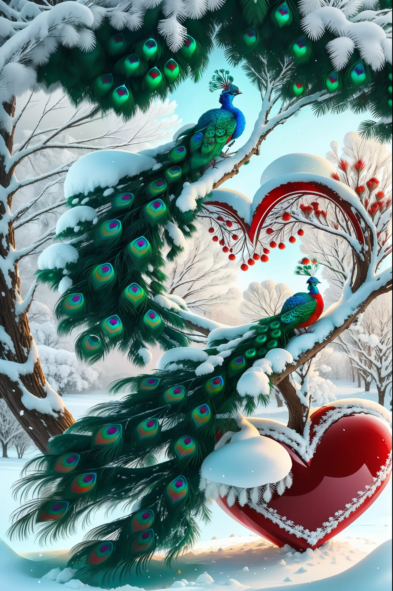 beautiful rime and snow scenery, couple of (red peacock) and (green peacock), full characters, side by side standing in branches, rime-like tails into the love heart shape, the earth is white, view from below,