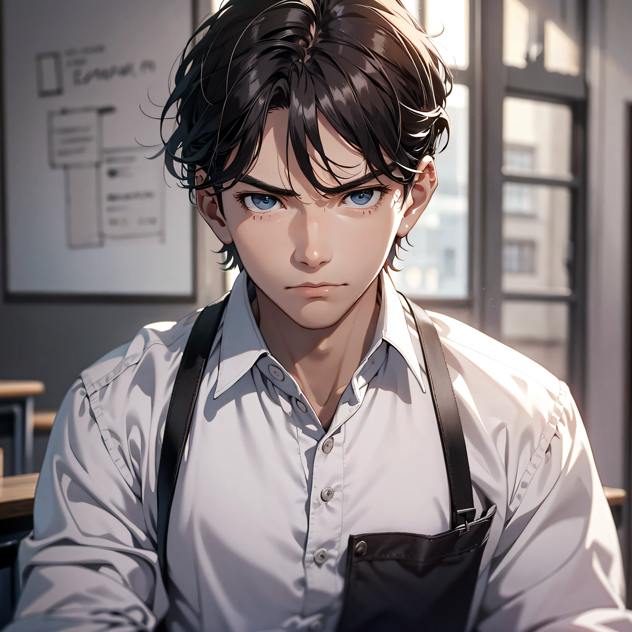 Absurd resolution, high resolution, (masterpiece: 1.4), hyperdetail, 1boy, face focus, mature man, student outfit, white shirt, classroom, angry expression