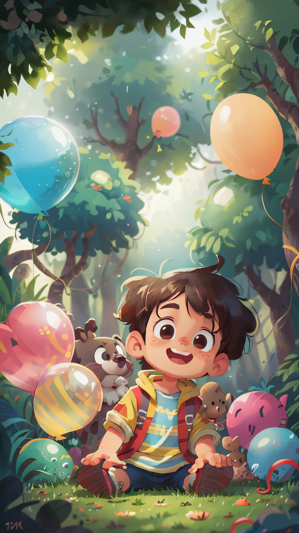 A boy, zoo, many balloons, happy, happy, perfect quality, clear focus (clutter - home: 0.8), (masterpiece: 1.2) (realistic: 1.2) (bokeh) (best quality) (detailed skin: 1.3) (intricate details) (8K) (detail eyes) (sharp focus), (happy), rich colors