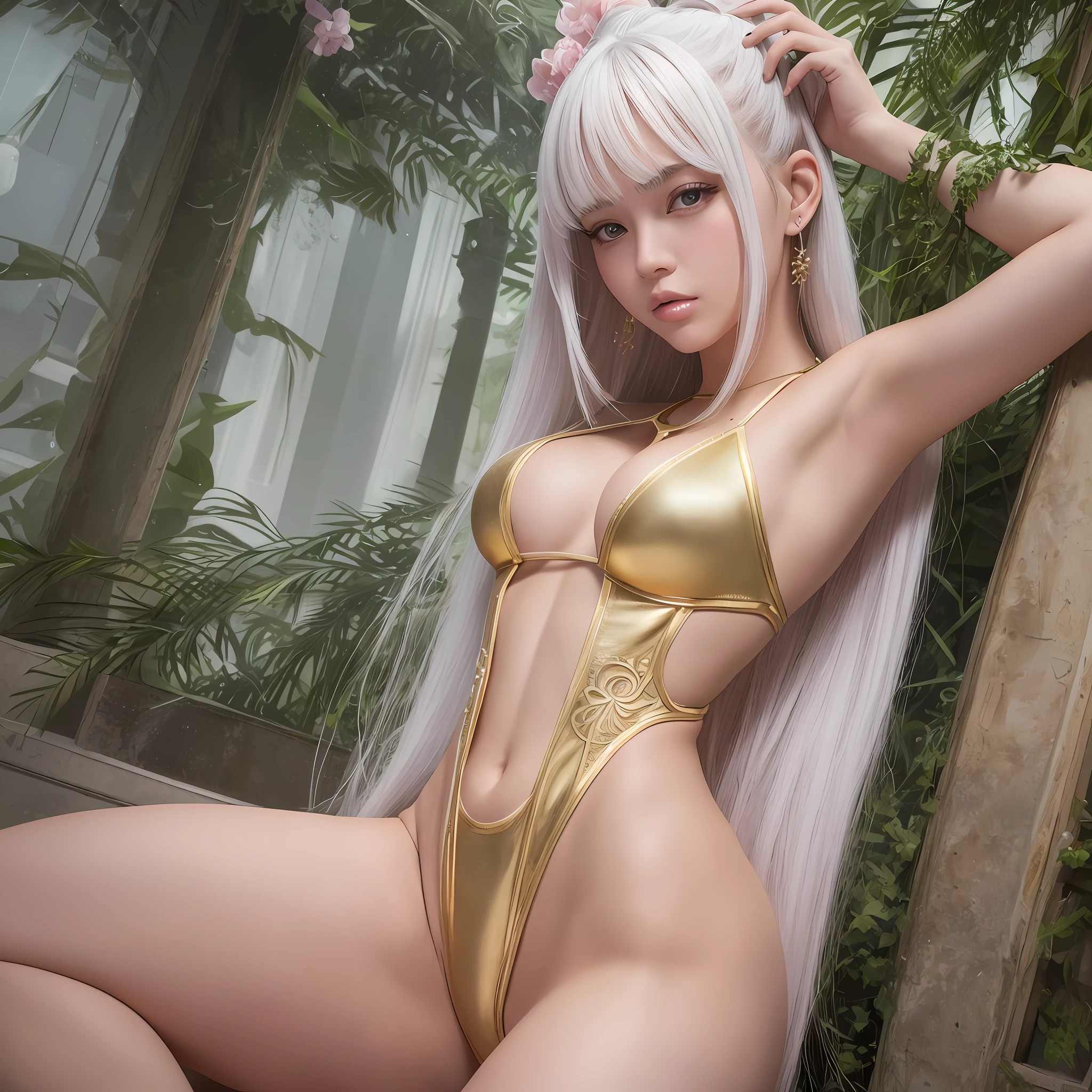 from behind, from below, looking back, high resolution, best quality, masterpiece, very high image quality, ultra-detailed, hyperrealistic, 3d, anime, illustrations, fantasy, solo, very Beautiful woman with gentle seductive calm face, white glossy medium hair, high layer cut, mullet hair style, sparkling gold big eyes, glossy pink lips, open mouth a little, perfect proportions, full body, white thong swimsuit, thin gold line embroidery, armpit with one arm up, spread legs