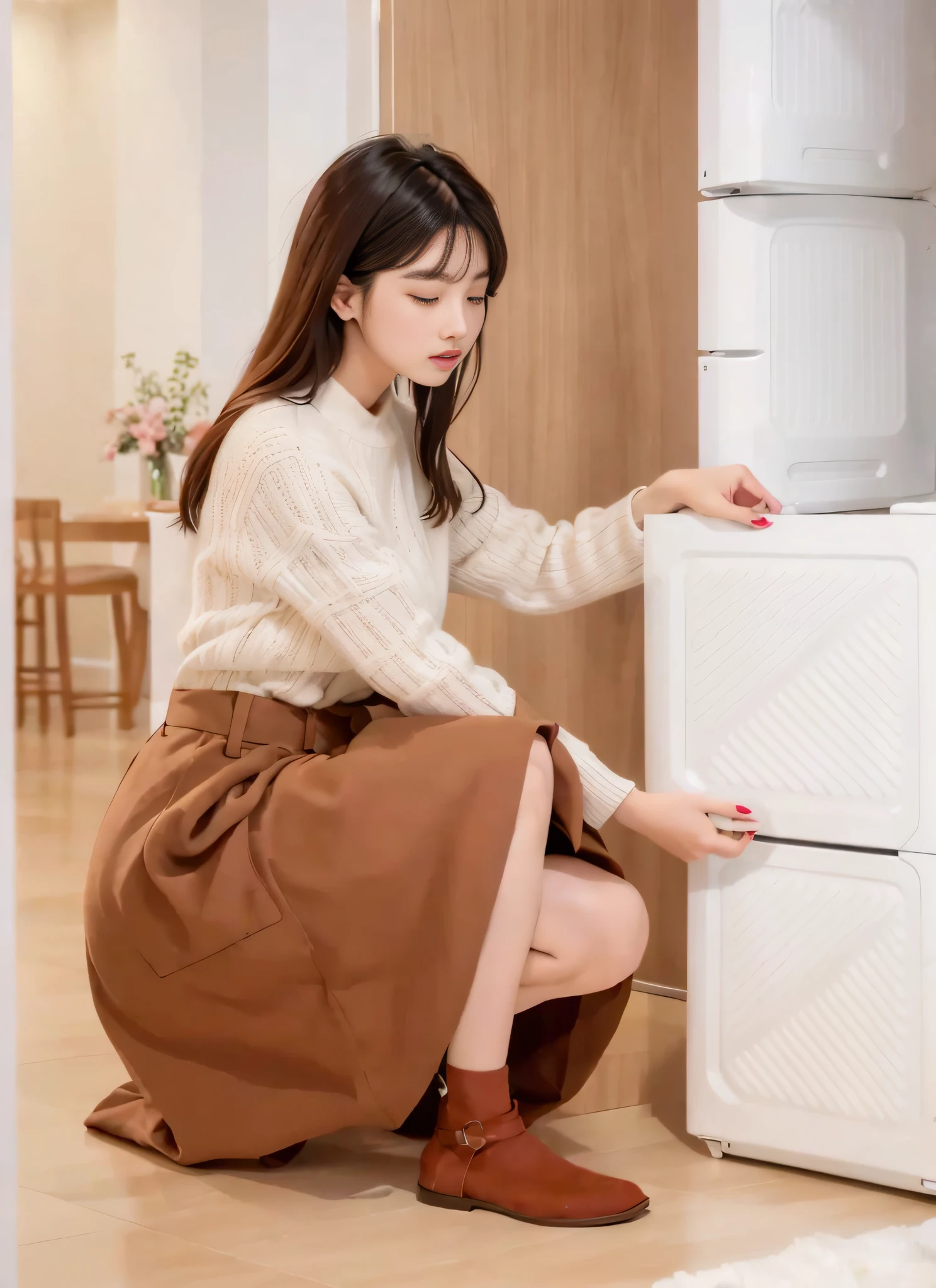 woman kneeling down to open a refrigerator in a kitchen, promo art, 8k --height 768, mixed art, designed for cozy aesthetics!, handsome, 😭 🤮 💕 🎀, bae suzy, korean women's fashion model, photoshoot, gorgeous young korean woman, lee ji-eun, lee ji - eun, beige, ad image, product introduction photos