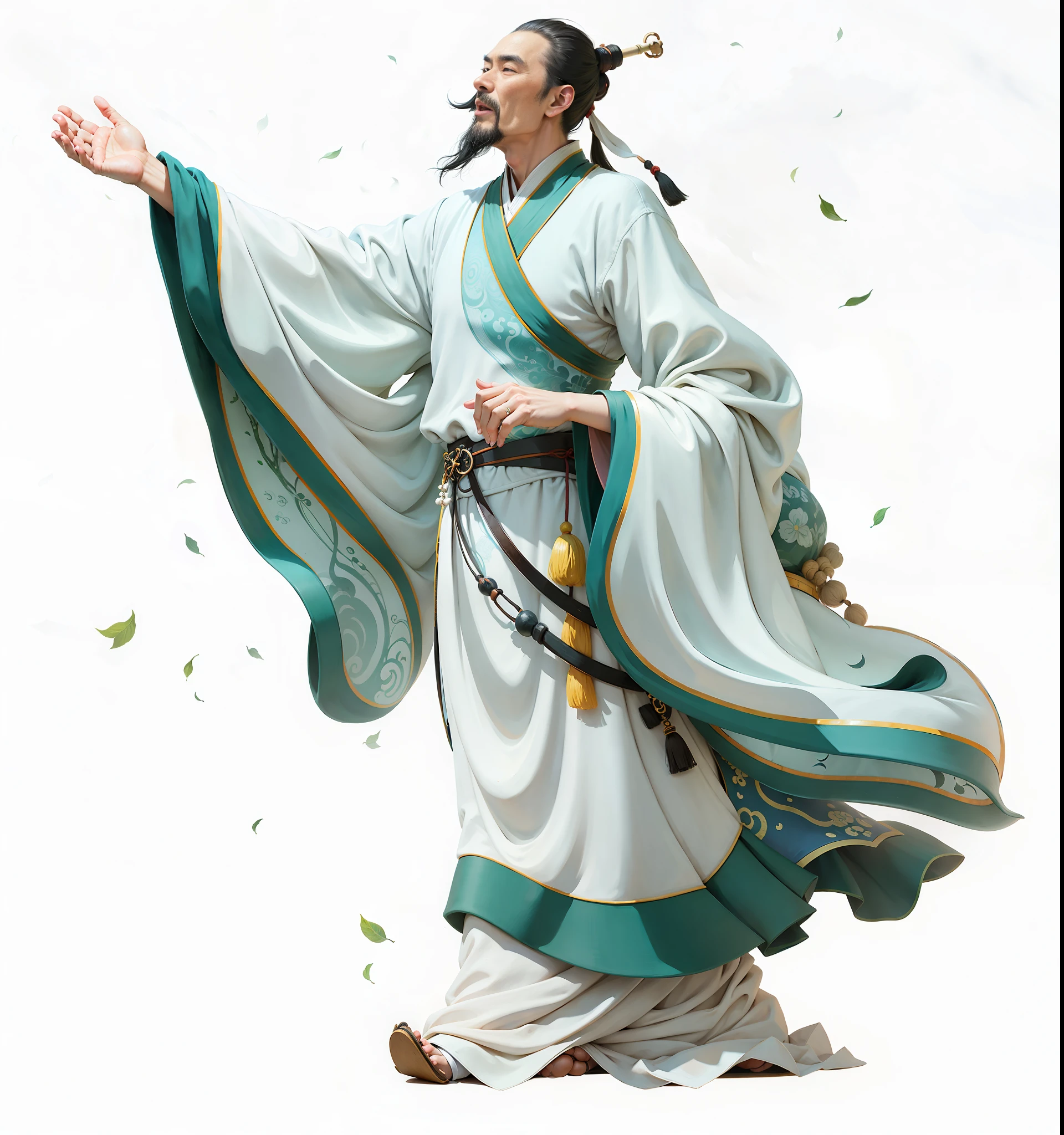 An ancient Chinese man, looking up and wearing Han clothes, chanting poetry movements, singing long sleeves, background is ink landscape, HD, 8K