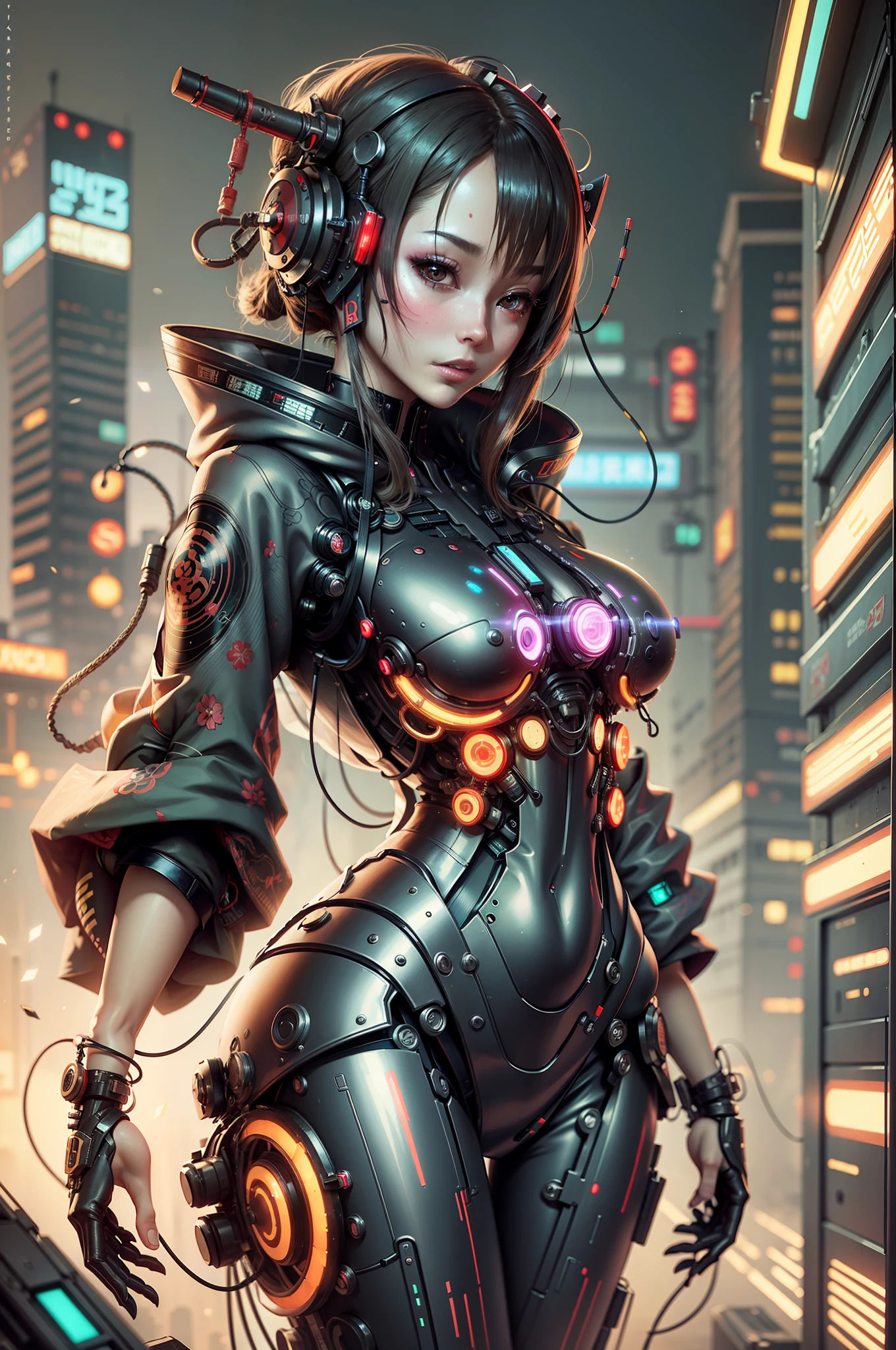girl, slender, medium breasts, cyberpunk, kimono like mechanical bodysuit, oiran dystopia, night --auto --s2