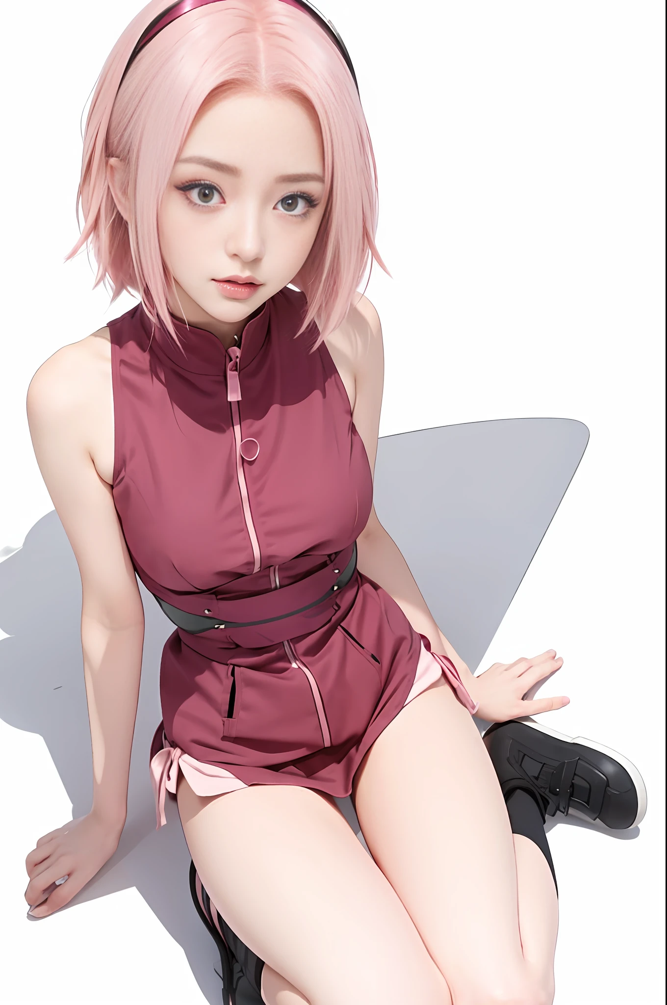 anime girl with pink hair and green eyes sitting on the ground, haruno sakura, sakura haruno, sakura haruno in slug sage mode, seductive anime girl, beautiful anime girl squatting, cute girl with short pink hair, yayoi kasuma, hints of yayoi kasuma, female anime character, pink iconic character, anime girl