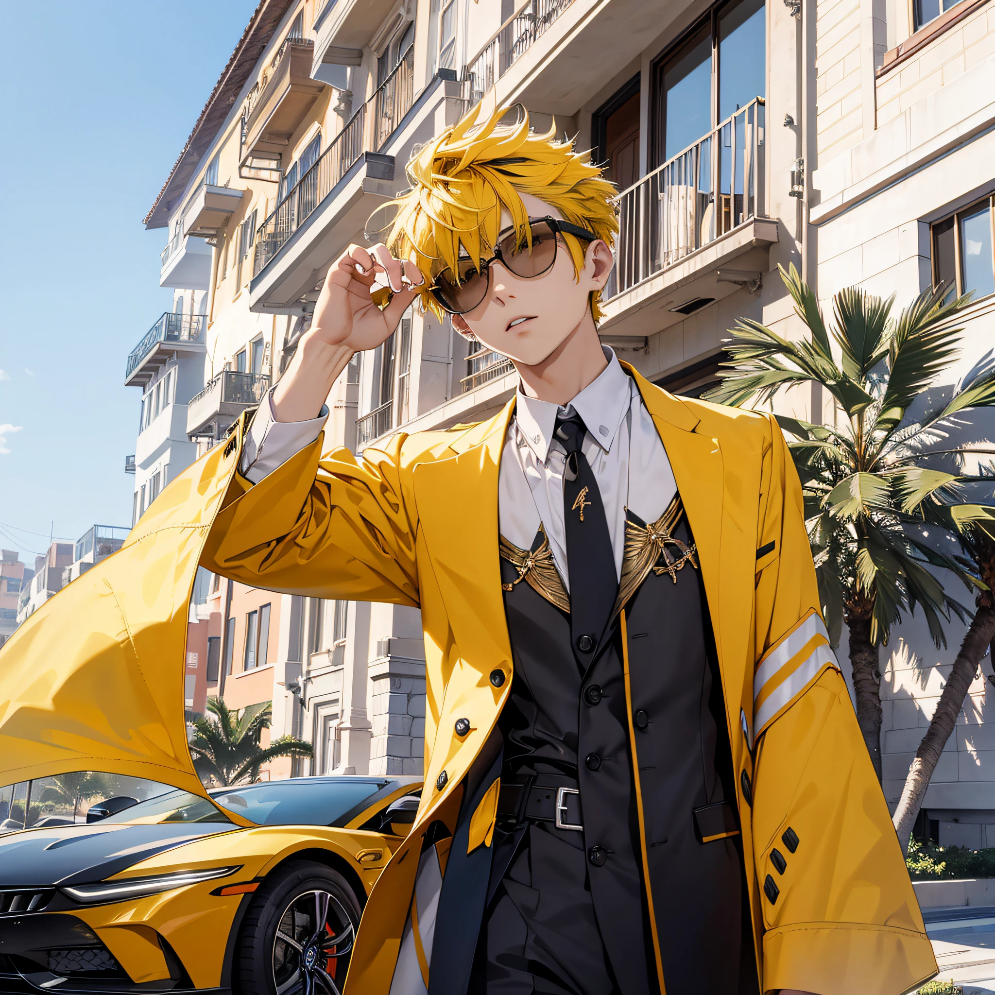 Absurd resolution, high resolution, (masterpiece: 1.4), hyper-detail, 1boy, face focus, male school yellow hair, stylish dress, luxury villas in the background, and luxury cars