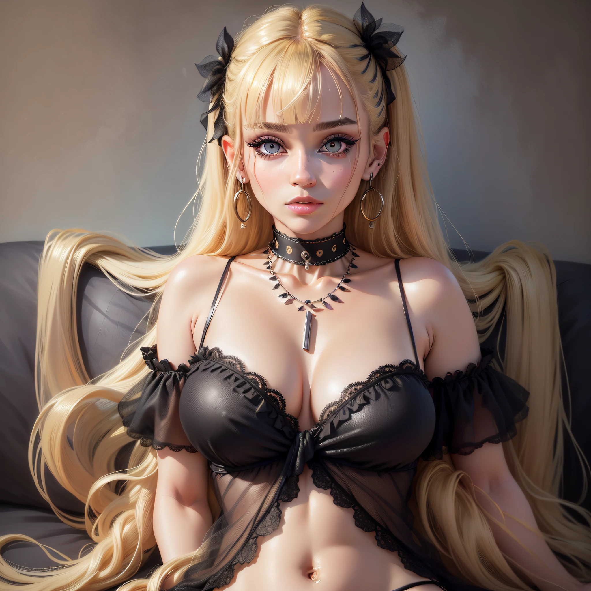 (8k, 4k, Top Quality, Hi-Res: 1.1), (Realistic, Photorealistic: 1.1), 1 girl, solo, face, twin tails, blond hair, bangs, long hair, necklace, earrings, lips, eye shadow, jewelry,(looking at viewer:1.8),spaghetti straps,black nightgown, details, high contrast --auto --s2