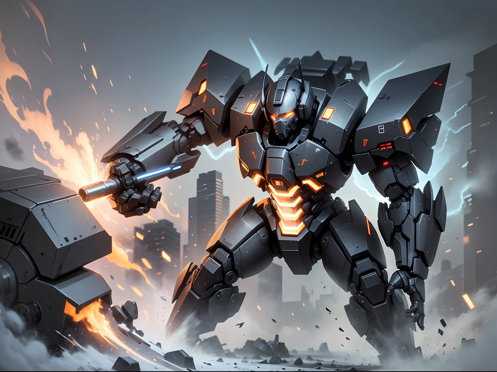 Create images in the form of artificial intelligence based on ghost characters in the game A mighty black mech carrying a large-caliber howitzer