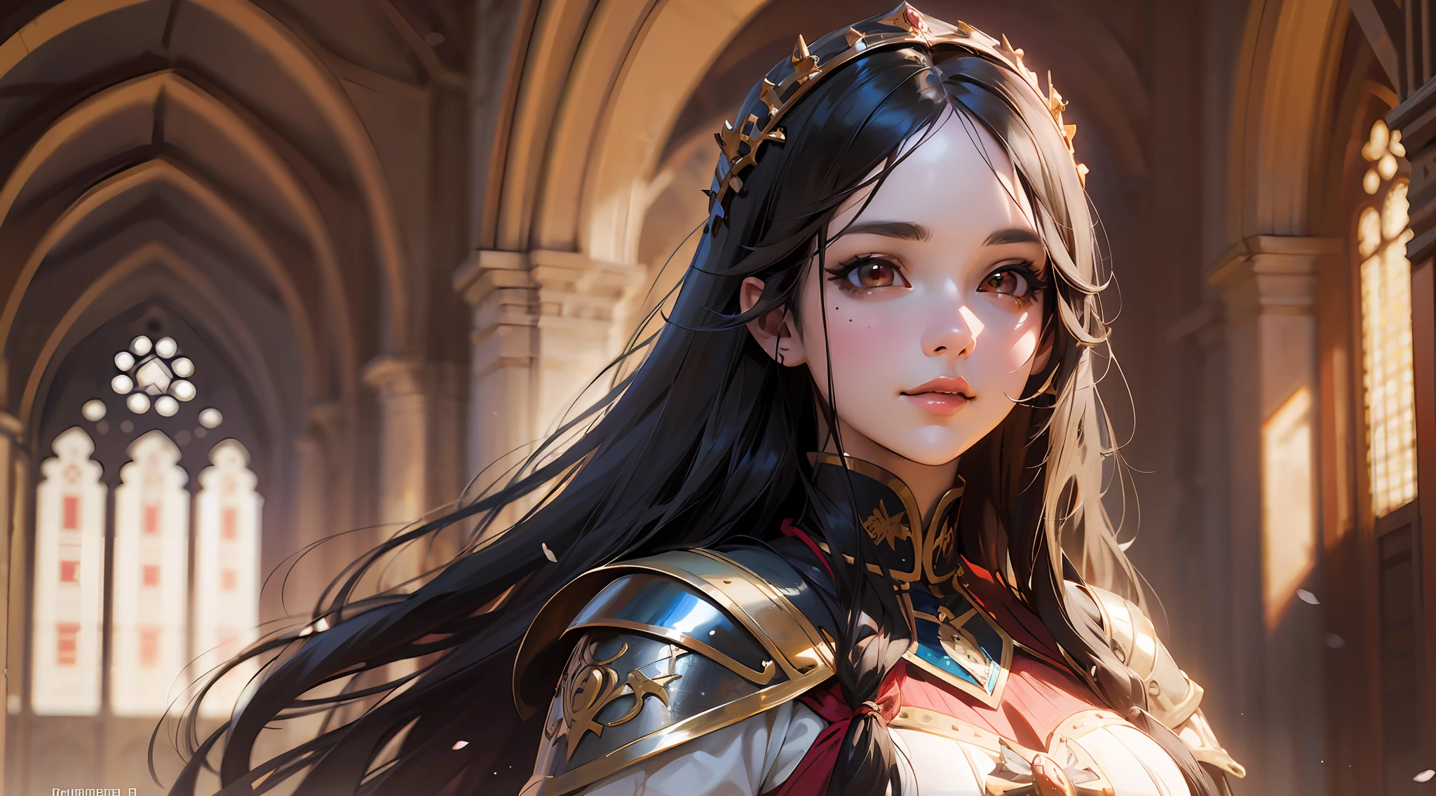 Anime Reference 88, medieval Spain, atmosphere, alone, woman, girl, full body, frontal, brown eyes, (long black hair), white and red costumes, realistic face details, realism, 3D face, pretty face, cinematic light, (perfect face, detailed face, shiny lips, eyeliner), ((gentle look)), smile