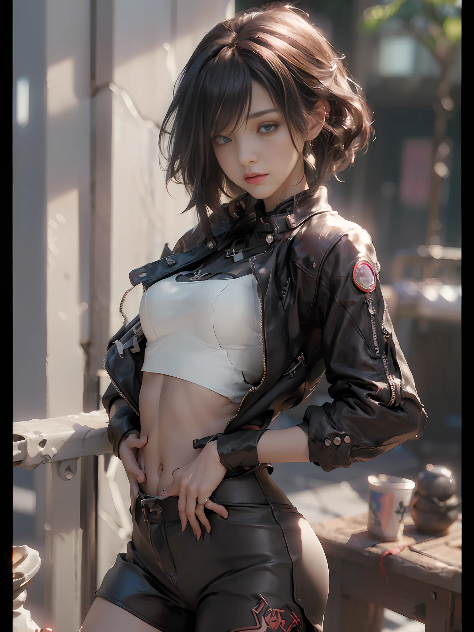 ((Best Quality)), ((Masterpiece), (Details: 1.4), 3D, A Beautiful Cyberpunk Female Figure, ((Mid-chested, Small Head)), Daylight, Sunlight, (Bust Photo), (soft belly: 1.1), (perfect body: 1.1), (perfect face), (crimson pupils), (perfect eyes), (perfect fingers), (long hair: 1.2), golden hair, collar, chain, bust photo, , looking directly at the viewer, (standing), (wearing a tight leather short jacket), ((wearing tight leather shorts)), tattoos, (extremely detailed CG 8k wallpaper), (extremely delicate and beautiful), (masterpiece), (Best Quality: 1.0), (Ultra Resolution: 1.0), Beautiful Lighting, Realistic Shadows, [High Resolution], Detailed Skins, Ultra Detail, HDR (High Dynamic Range), Ray Tracing, NVIDIA RTX, Super-Resolution, Unreal 5, Subsurface Scattering, PBR Textures, Post-processing, Anisotropic Filtering, Depth of Field, Maximum Clarity and Sharpness, Multi-layer Textures, Albedo and Highlight Maps, Surface Shading, Accurate simulation of light-material interactions, perfect proportions, Octane Render, two-color light, large aperture, low ISO, white balance, rule of thirds, 8K RAW,