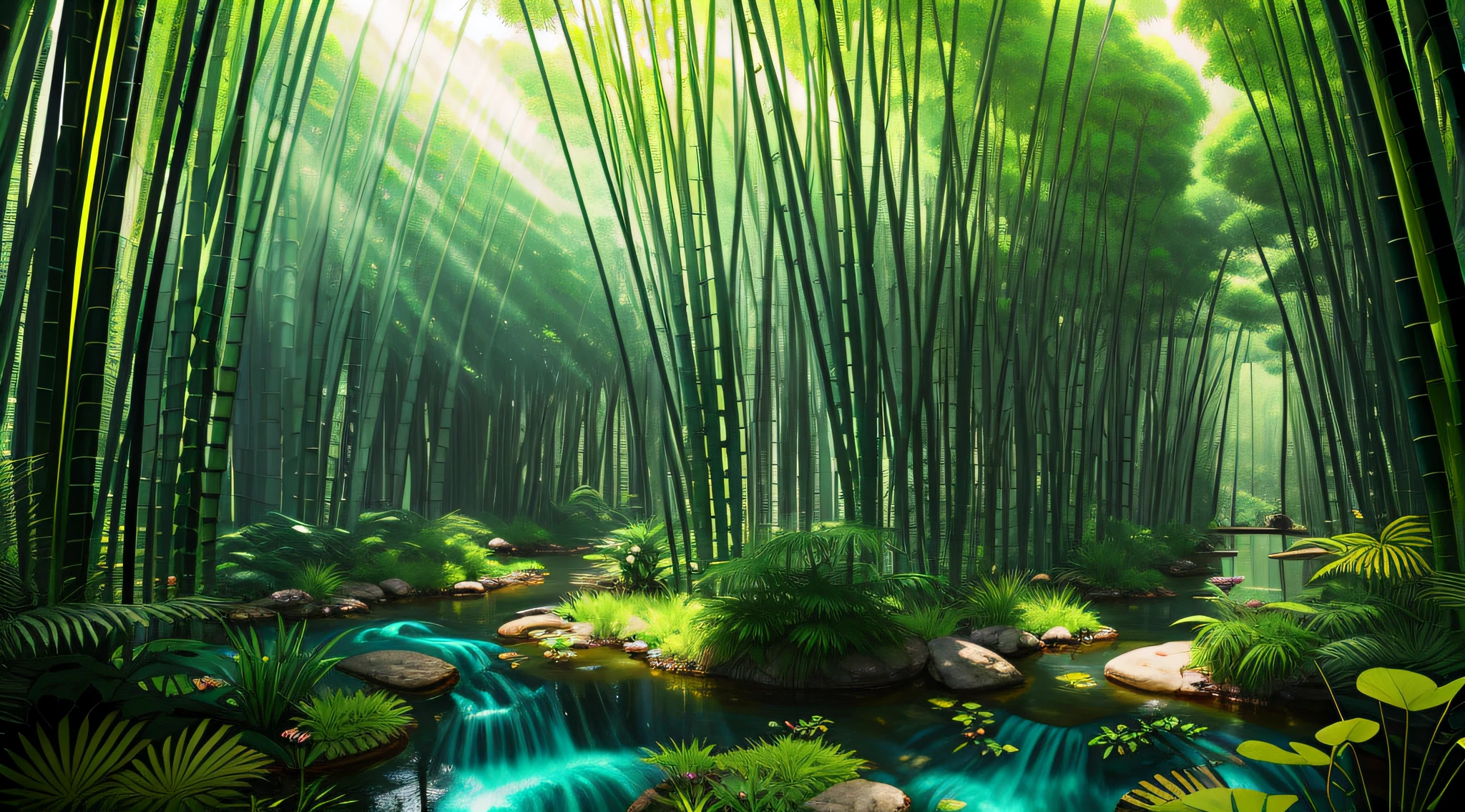 fantasy bamboo forest, a high-detailed, classical landscape within an interior, where a forest grows and a grass-covered river::1 meanders through the room, exiting through the doors to join a larger, real river, water splashing --ar 7:5 --q 5 --style raw a grand, neoclassical room filled with forest-like vegetation and a tranquil pond, where wildlife such as frogs and dragonflies thrive, in the style of forced perspective and carpetpunk --ar 7:5 --no couch --q 5 an aerial view of a spacious interior, where a small river carves its path through a room filled with dense, forest-like vegetation, and flows out the door to merge with a real river, all in the style of extravagant-inspired landscapes and carpetpunk --ar 7:5 --q 5 --style raw