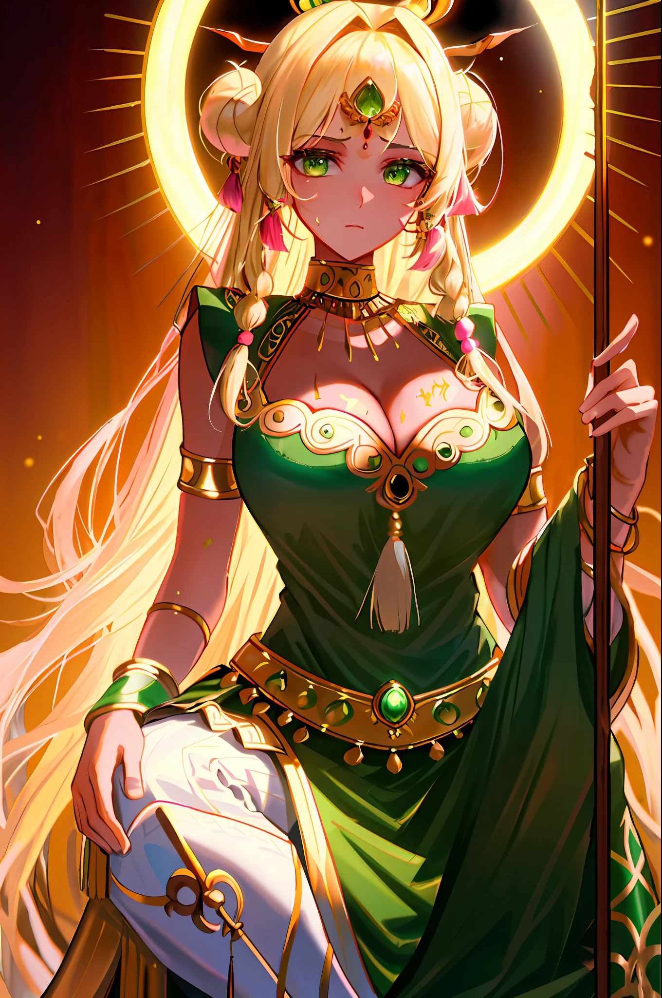Aries girl, masterpiece, best quality, highly detailed, cinematic lighting, intricate detail, elevations, graphic art, beautiful meticulously detailed face and eyes, HD illustration, 8k, thick dark shadows, overexposed, nude, hunched over, large breasts  , white hair and pink tufts sss, (white dot on the face), ((tan)), green and pink dress, light green eyes, ((Indian style)), green and pink clothes, cleavage, shiny skin, big breasts,  drumsticks, [[curvy]], (jungle), cowboy shot, spotlight, (indian wear), sweat, stand, hair hoop, feather hair decoration