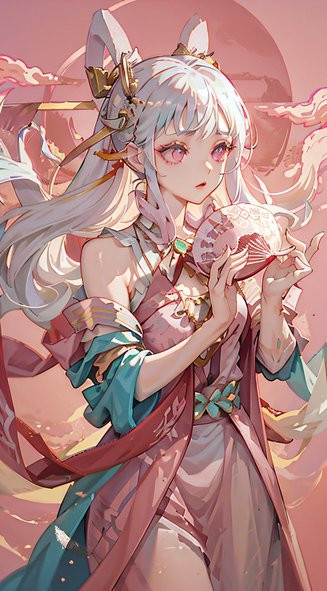 1girl, solo, immortal, flowing clothes, white clothes, dunhuang_dress, pink pattern, detailed clothing, dunhuang_style, beautiful face, white hair, long hair, pink eyes, dunhuang_fan, cowboy shot, detailed background, dunhuang_background