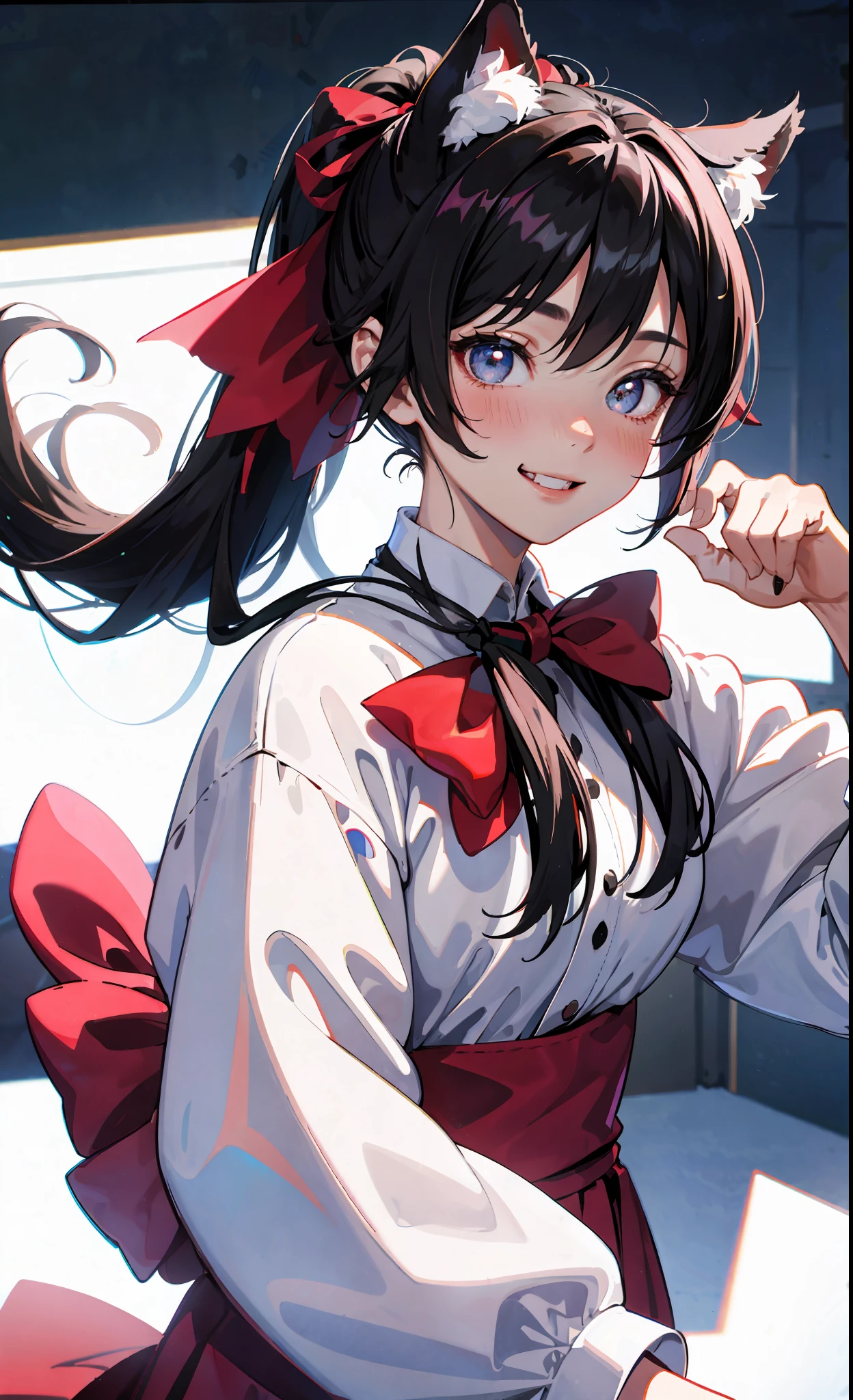 black hair, hair bobbles, wince, longeyelashes, solid circle eyes, fake animal ears, light smile, ear blush, fang, ponytail, long hair, hair ribbon, hair bow, ribbon, smile, Surrealism, drop shadow, anaglyph, stereogram, tachi-e, pov, atmospheric perspective, 8k, super detail, ccurate, best quality, UHD, masterpiece, best quality, 8k