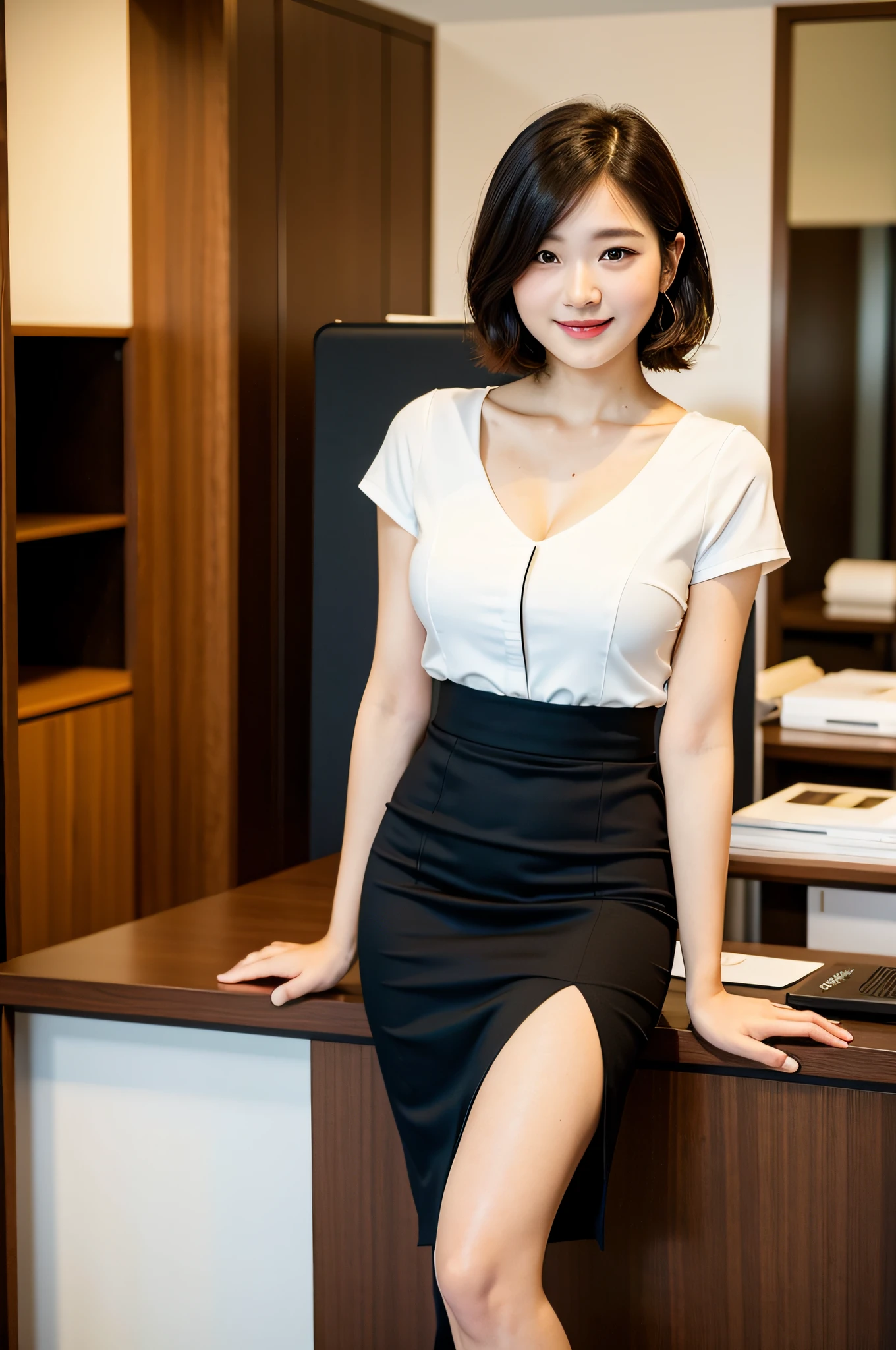 (Best Quality, Masterpiece: 1.2), Women, Portrait, Japan Women, 20s, Beauty, Office Lady, Office Lady, Gentle Smile, Tight Skirt, Knee Length, Black Business Suit, Camisole, Beautiful, Breast Chiller, Short Hair, Slender, Cute, , Show Breasts