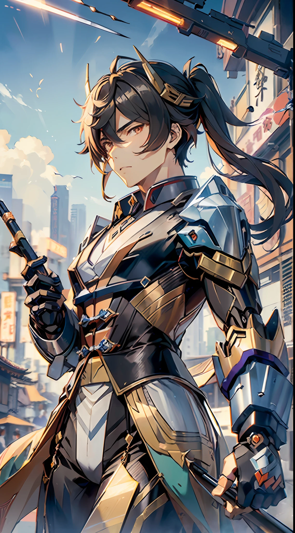 Masterpiece, best quality, (((Male alone), (Zhongli), (Genshin Impact), (Mecha)))), expressionless, chinoiserie, ((Long Stick), (Holding a Long-handled Weapon)), glowing eyes