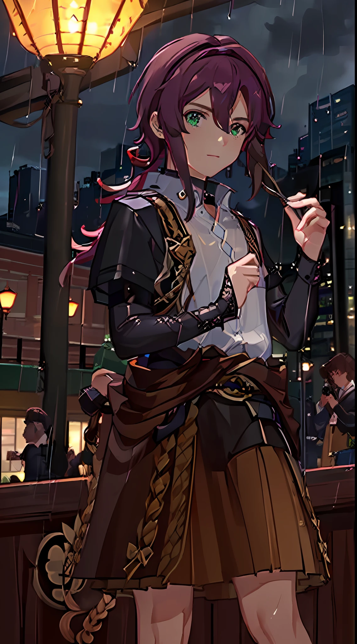 (((masterpiece: 1.5, best quality, high resolution: 1.3, super resolution, super detailed, ultra detailed:1.3, rich background:1.2))), ((face close up)), 1boy, solo, green eyes, blonde long hair tied with blue ribbon, blunt bangs, cute hairpin, transparent white serafuku, red sailor collar, short sleeves, blue pleated skirt, (outdoor), ((rain: 1.2)), ((downtown)), (crowd), scenery, ((nighttime)), dark, (lowlight: 1.1), moon, ((dynamic light: 1.4)), (male focus:1.3)