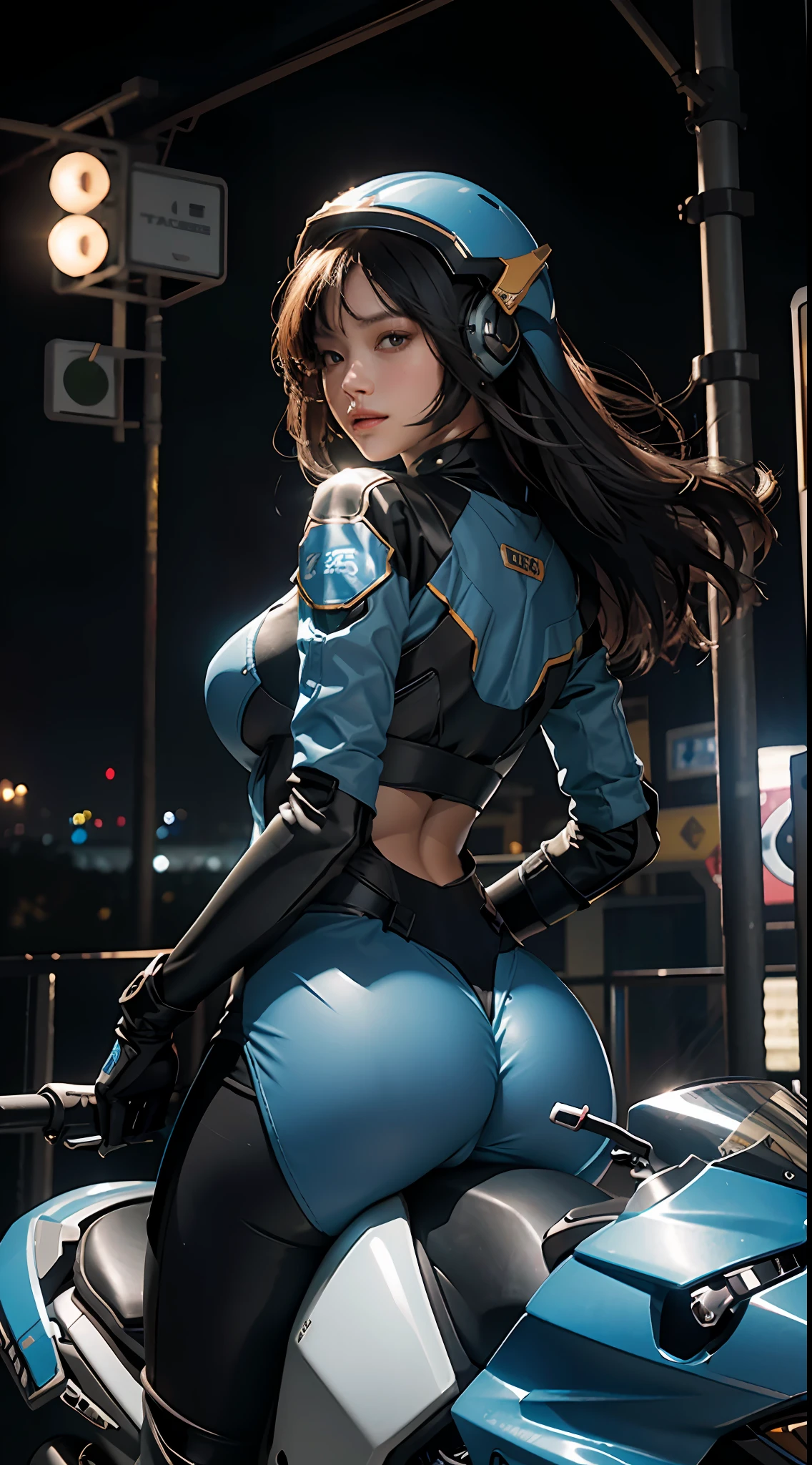 The highest image quality, striking details, ultra-high resolution, (realism: 1.4), the best illustration, favorable details, highly condensed 1girl, ass visible through the thighs, with a delicate and beautiful face, dressed in a black and blue lock, wearing a mecha helmet, holding a directional controller, riding on a motorcycle, the background is a high-tech lighting scene of the city of the future.