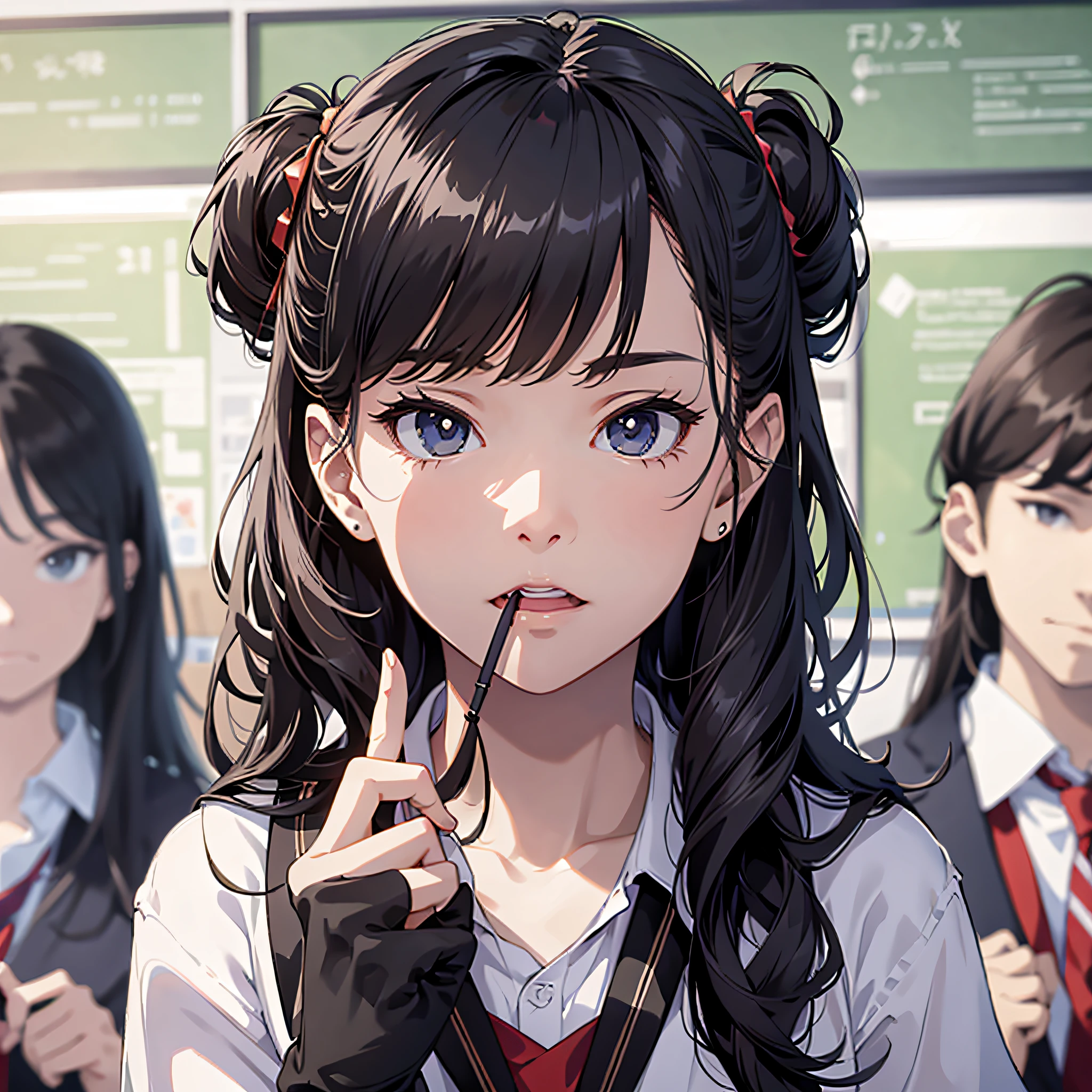 Absurd resolution, high resolution, (masterpiece: 1.4), hyper-detail, several students, white shirts, classroom, smug mocking expressions, pointing, facing the camera