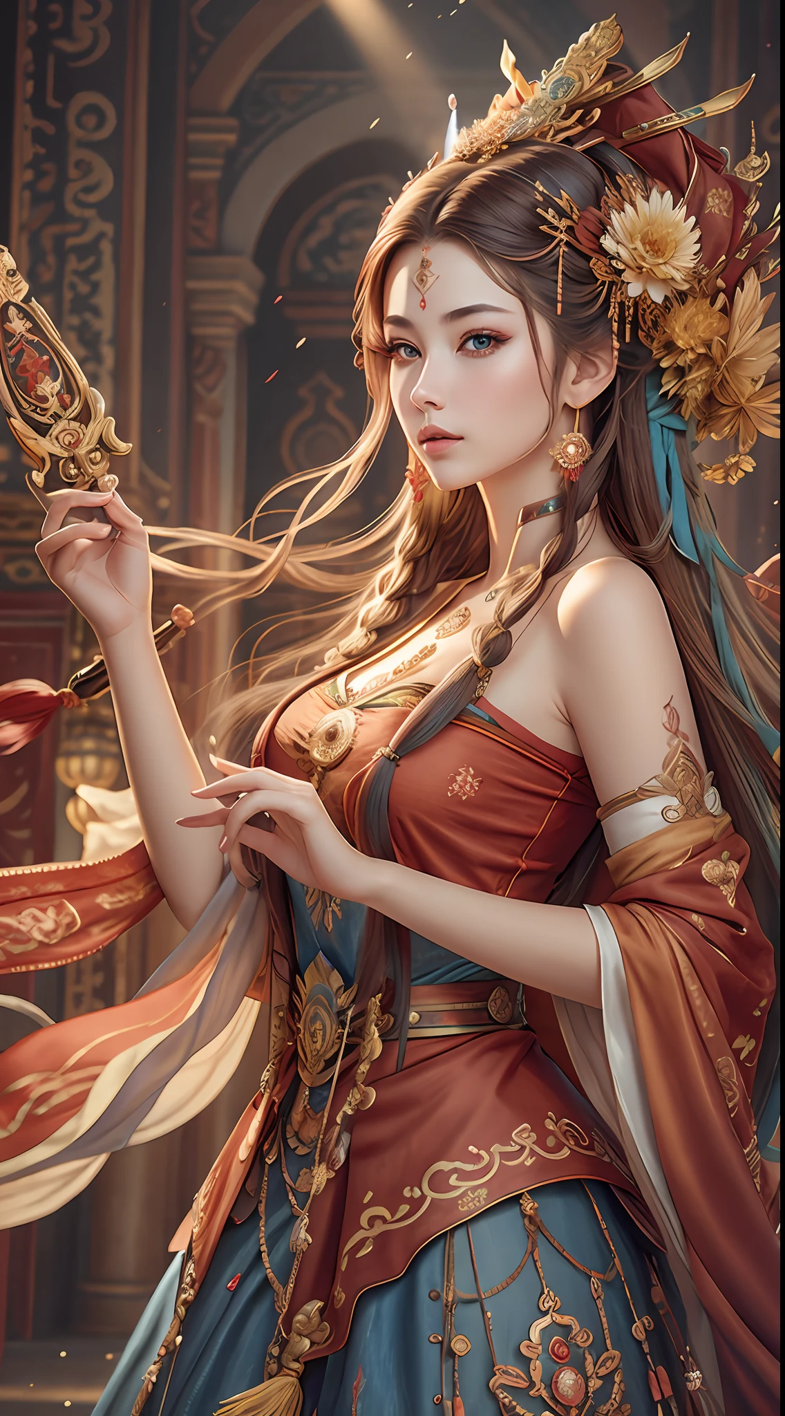 Best quality, masterpiece, ultra-detailed high resolution, (realistic: 1.4), original photos, illustrations,
1 Girl Holding Weapon, (Solo Exhibition: 1.2), (Denim Lens: 1.2), (Hair Crown: 1.2), Chinese Dunhuang Traditional Costume, No Straps, (Red Eyeliner: 1.2), (: 1.4), Earrings, Dynamic Angle, Opera House, messy_long_hair, Ink, Movie Lights, lens_flare, Velvet, Chrysanthemum, Tassels, Ribbons, Color Embroidery,