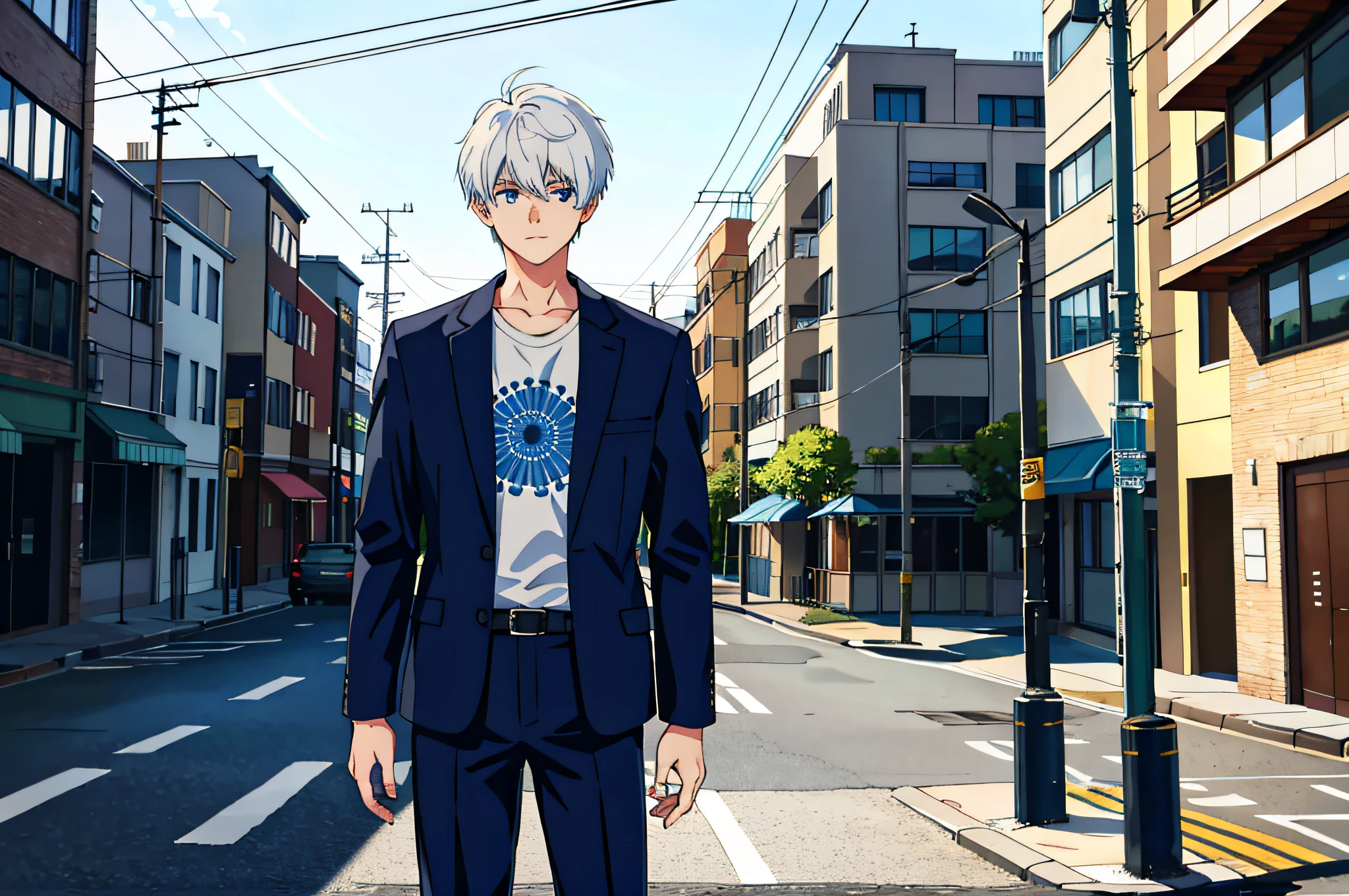 In the background, on the road, a boy with short white hair and blue eyes stands next to a telephone pole in contemplation, solo, 1BOY