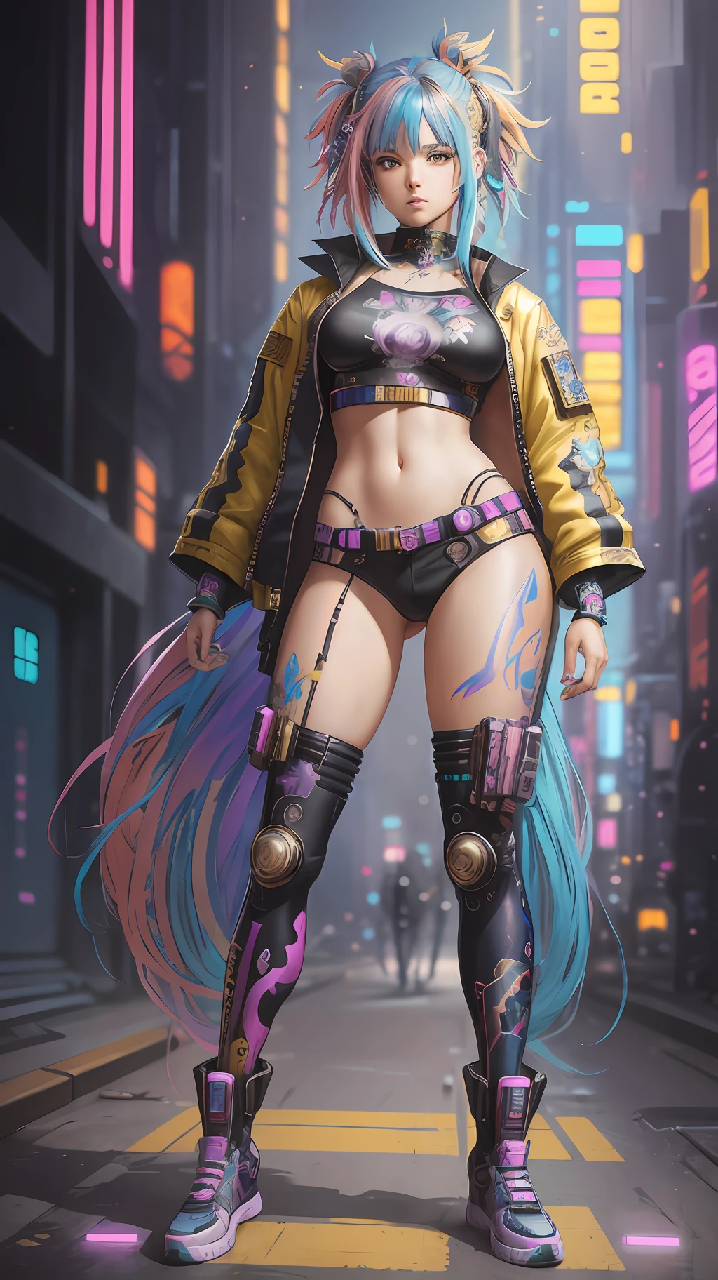 Beautiful anime painting of cyberpunk girl, multicolor hair, full body, trending on artstation, 8k, masterpiece, graffiti paint, fine detail, full of color, intricate detail, golden ratio illustration, by tim okamura, victor nizovtsev, greg rutkowski, noah bradley --auto --s2