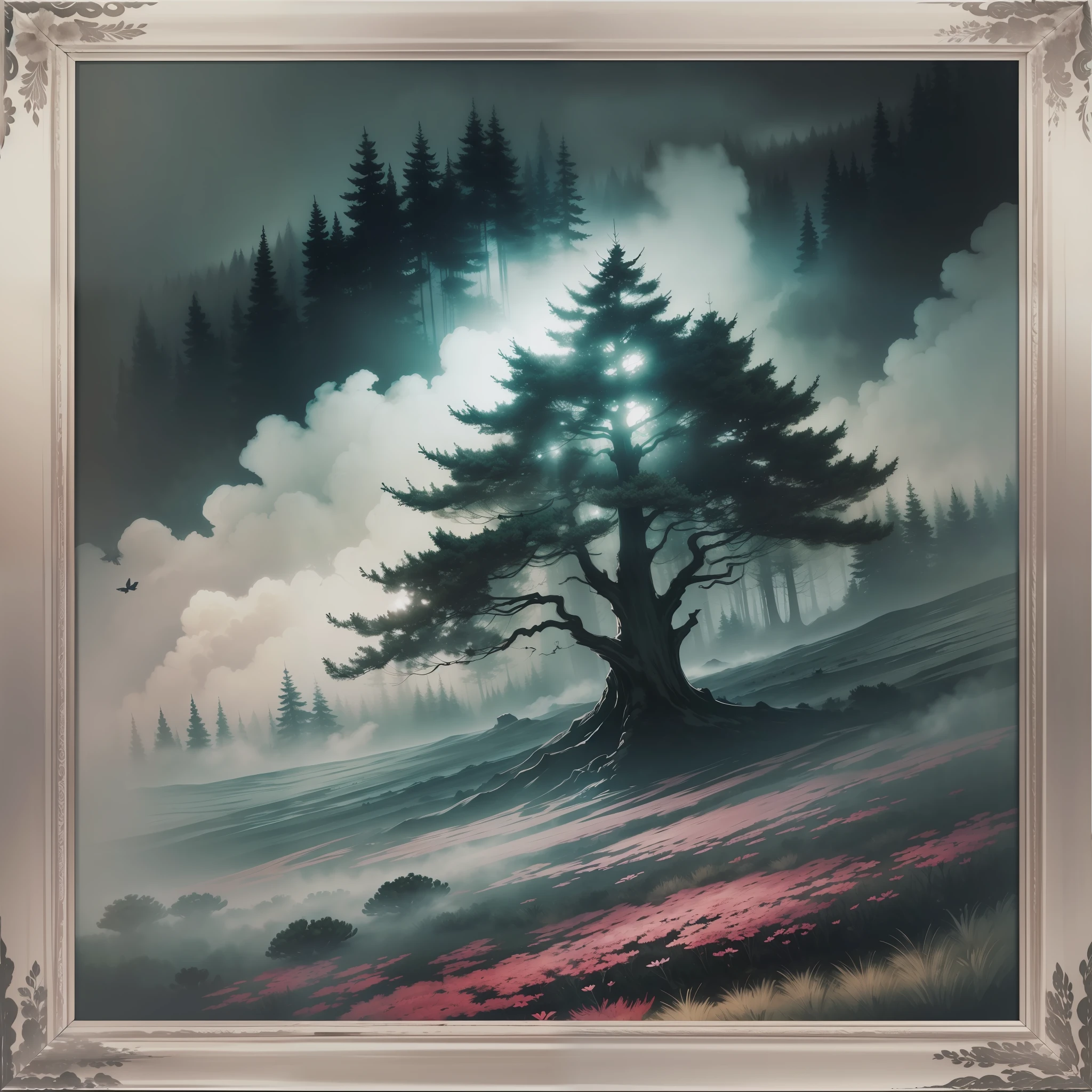 ((ink painting)), cinematic lighting, ultra wide angle, close up, frame, ultra hd, high detail, high quality, super detail, woods, individual petals, mist, flying birds, hazy, meadow, water surface, pine afterscent.