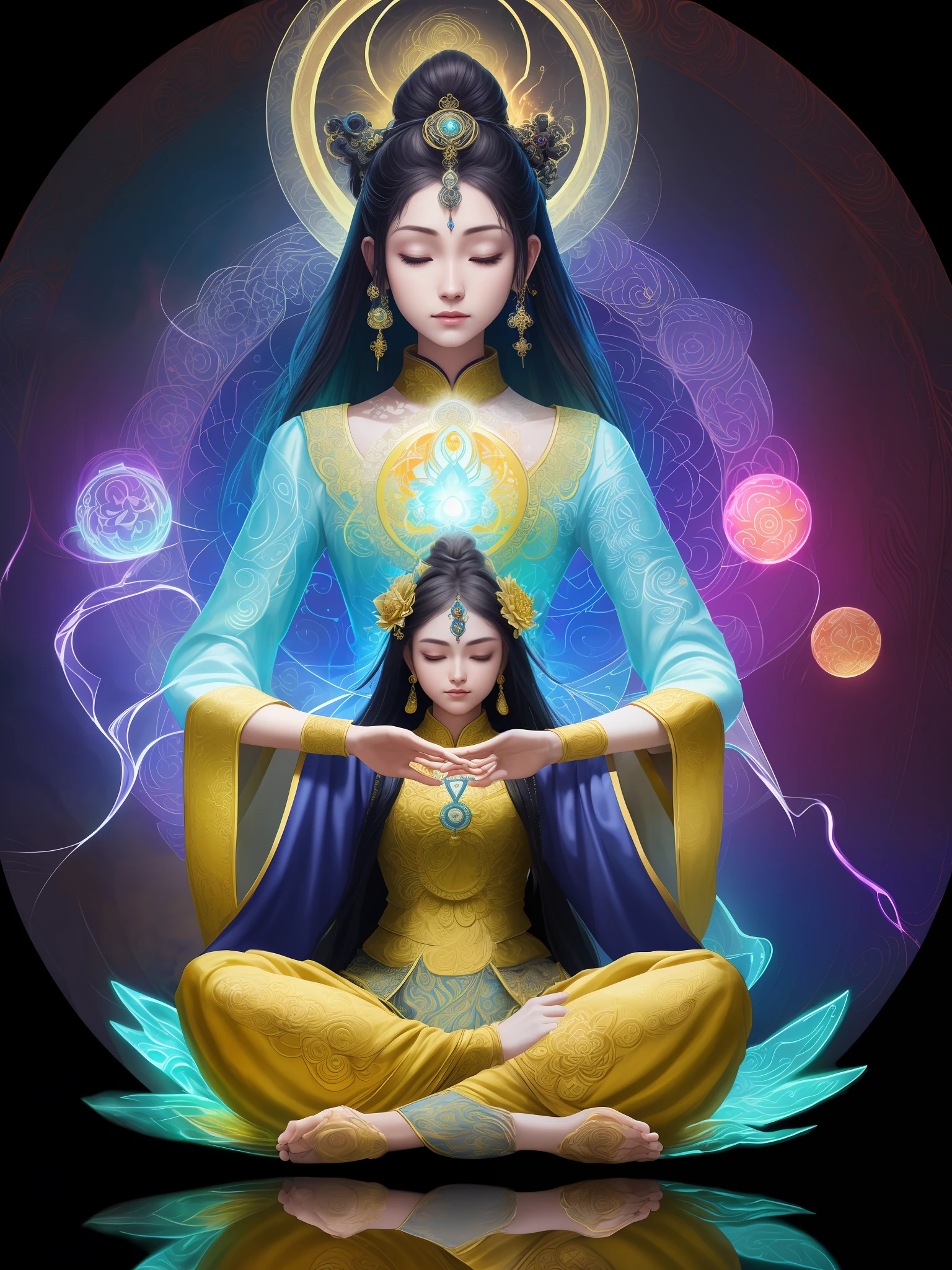 Official Art, Unity 8K Wallpaper, Ultra Detailed, Beautiful Aesthetic, Masterpiece, Best Quality, (Zentangle, Mandala, Tangled, Tangled), (Fractal Art:1.3), Light Painting, Vibrant Colors, Seductive Patterns, Creative Experimentation, (1 Female: 1.2), Solo, 19 years old (Guanyin Bodhisattva: 1.1), Full Body (White Silk Outfit: 1.2), Intricate Ornaments, (Halo Background: 1.1), Front-facing, (Style Swirl Magic: 1.0), white color scheme, casting spells, eyes closed, surrounded by sparks, yellow lightning, casting spells, ([Cyberpunk Fusion | Chinese Mythology Fantasy]: 1.1), reflection, puddle, (cross-legged), (sitting on a lotus: 1.1), cinematic lighting, ethereal portrait, (thick melting magic: 0.8), yellow arcane symbol, flower, turin aqua,