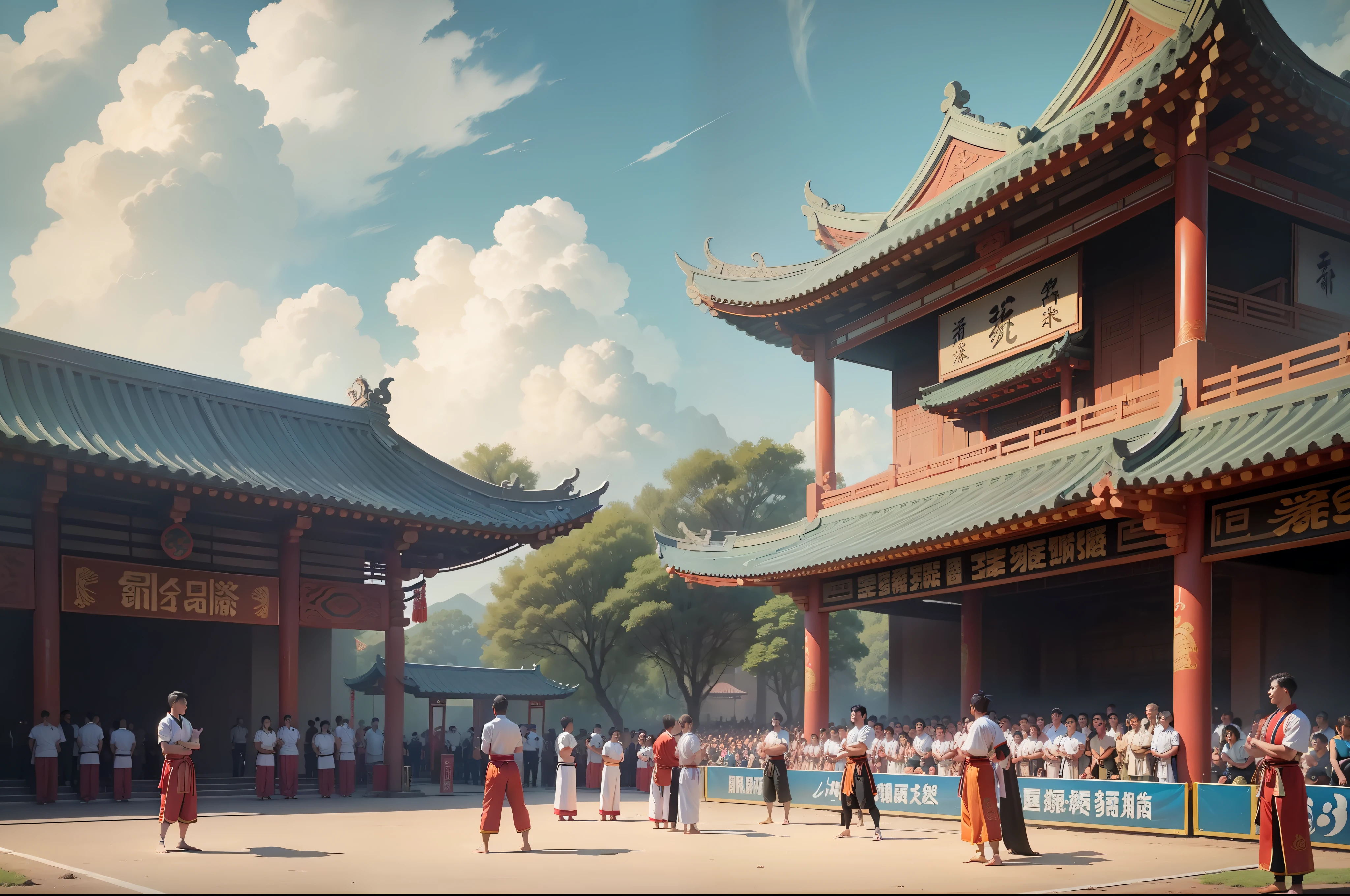 Scene picture, outdoor martial arts training ground, very, very many people, standing a lot of spectators, looking at the competition platform, gathering, talking to each other, Chinese ancient style, Chinese martial arts style. 4K, bright colors. Anime fights trends on the sky.