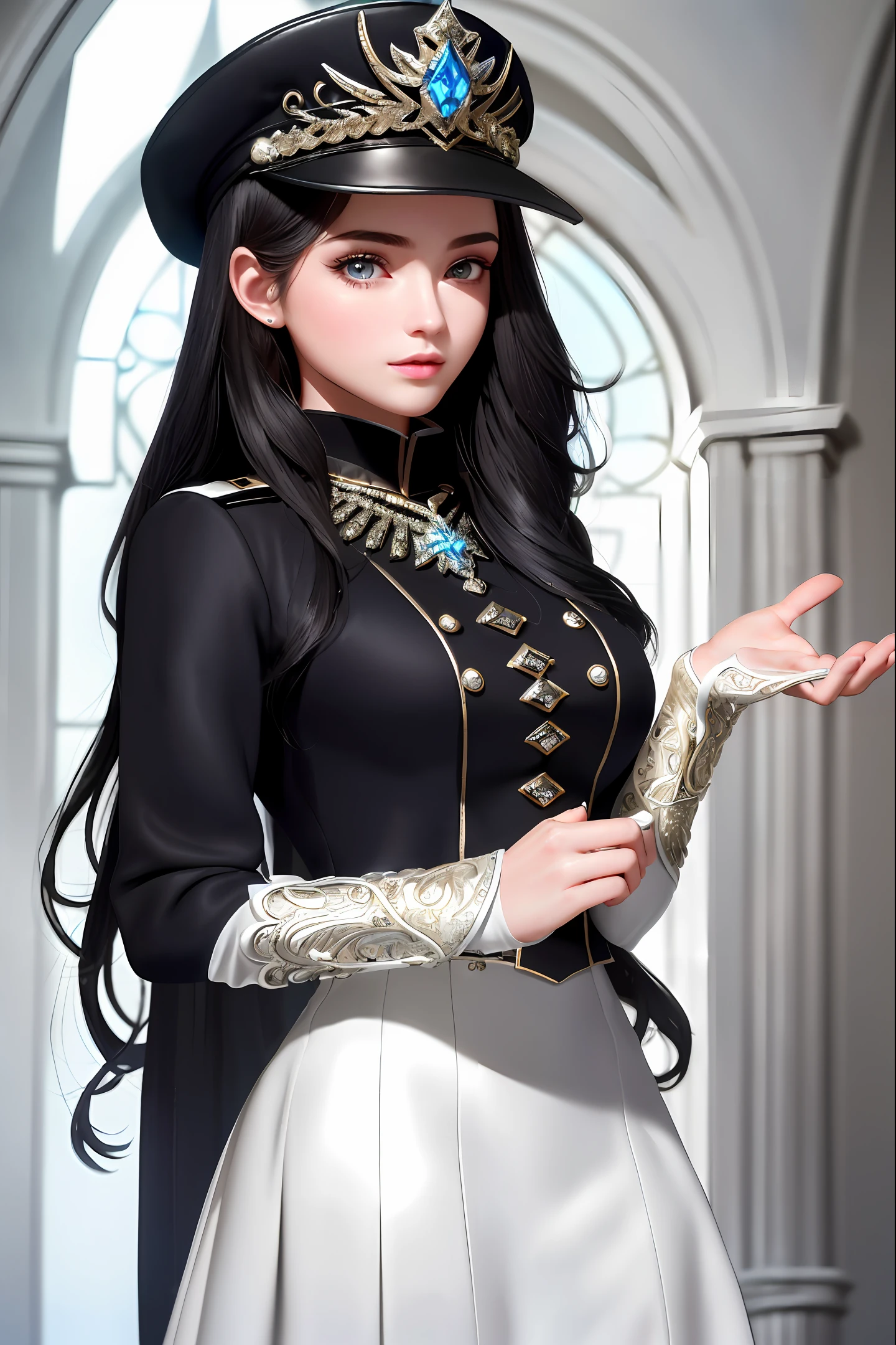 masterpiece,best quality, ultra-detailed, 1girl, (((beautiful commader girl with unifrom )))detailed eyes, beautiful detailed glow, detailed ice, beautiful body and face, militry, woman solder with hat,18 year old (black hair)