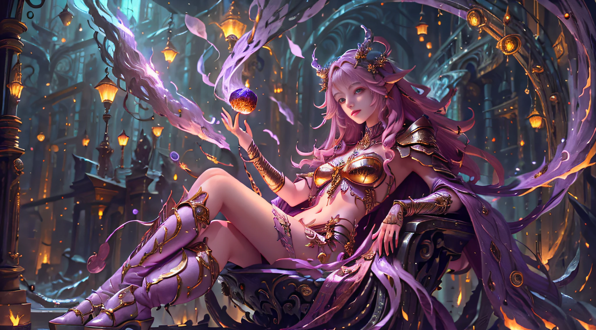 ((Masterpiece, highest quality)), ((Cinematic Light)), Fantastic, Wisdom, Devil, Mix, Horror, Dark Fantasy, Detailed Armor, (Insanely Detailed, Flower), Detailed Long Boots, Beautiful Detailed Eyes, Pink Hair, Long Hair, ((Floating Hair)), Navel, Long Cape, Otherworldly, Luxurious Gold Decoration, Throne Room, Sitting on the Throne, Large and Luxurious Throne, fractal art --auto --s2