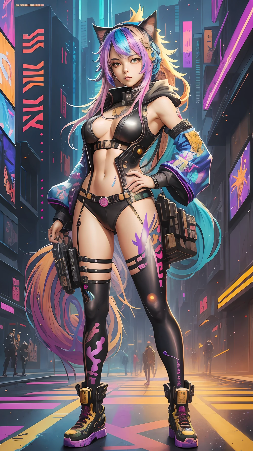 Beautiful anime painting of cyberpunk catgirl, multicolor hair, full body, trending on artstation, 8k, masterpiece, graffiti paint, fine detail, full of color, intricate detail, golden ratio illustration, by tim okamura, victor nizovtsev, greg rutkowski, noah bradley --auto --s2