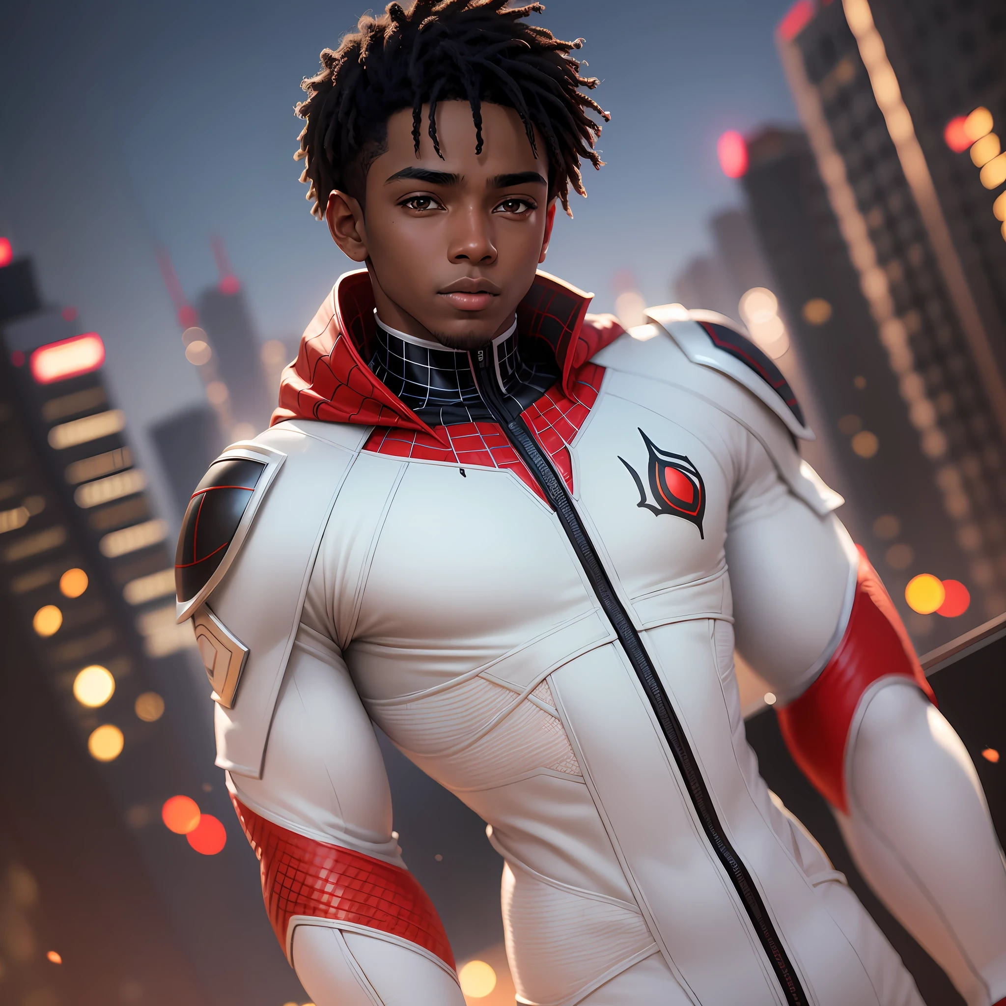 a latino black boy in a Miles Morales all-white and red costume. cinematic composition + intricate detailed, + rim lighting + focus + bokeh, 1X + Unsplash, taken by Canon EOS R5 RF85mm F1.8 MACRO lens 1/100sec ISO100 2:3 --auto --s2