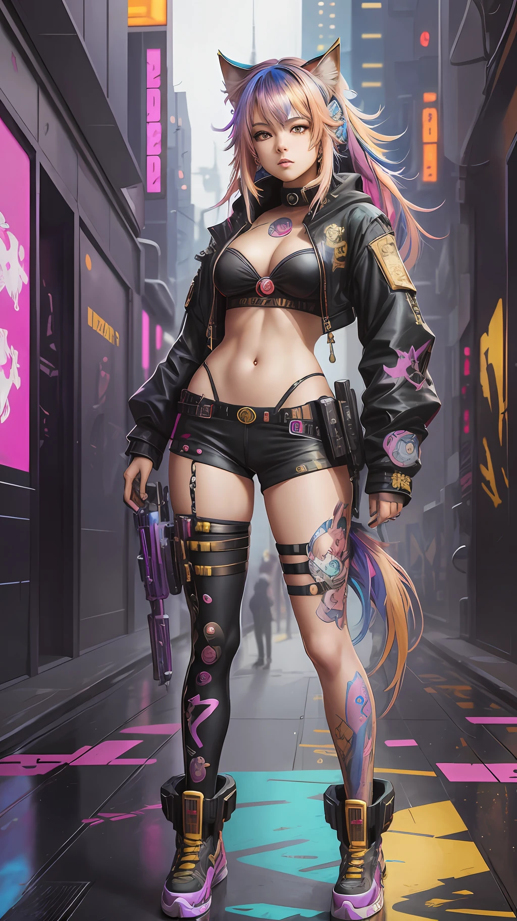 Beautiful anime painting of cyberpunk catgirl, multicolor hair, full body, trending on artstation, 8k, masterpiece, graffiti paint, fine detail, full of color, intricate detail, golden ratio illustration, by tim okamura, victor nizovtsev, greg rutkowski, noah bradley --auto --s2