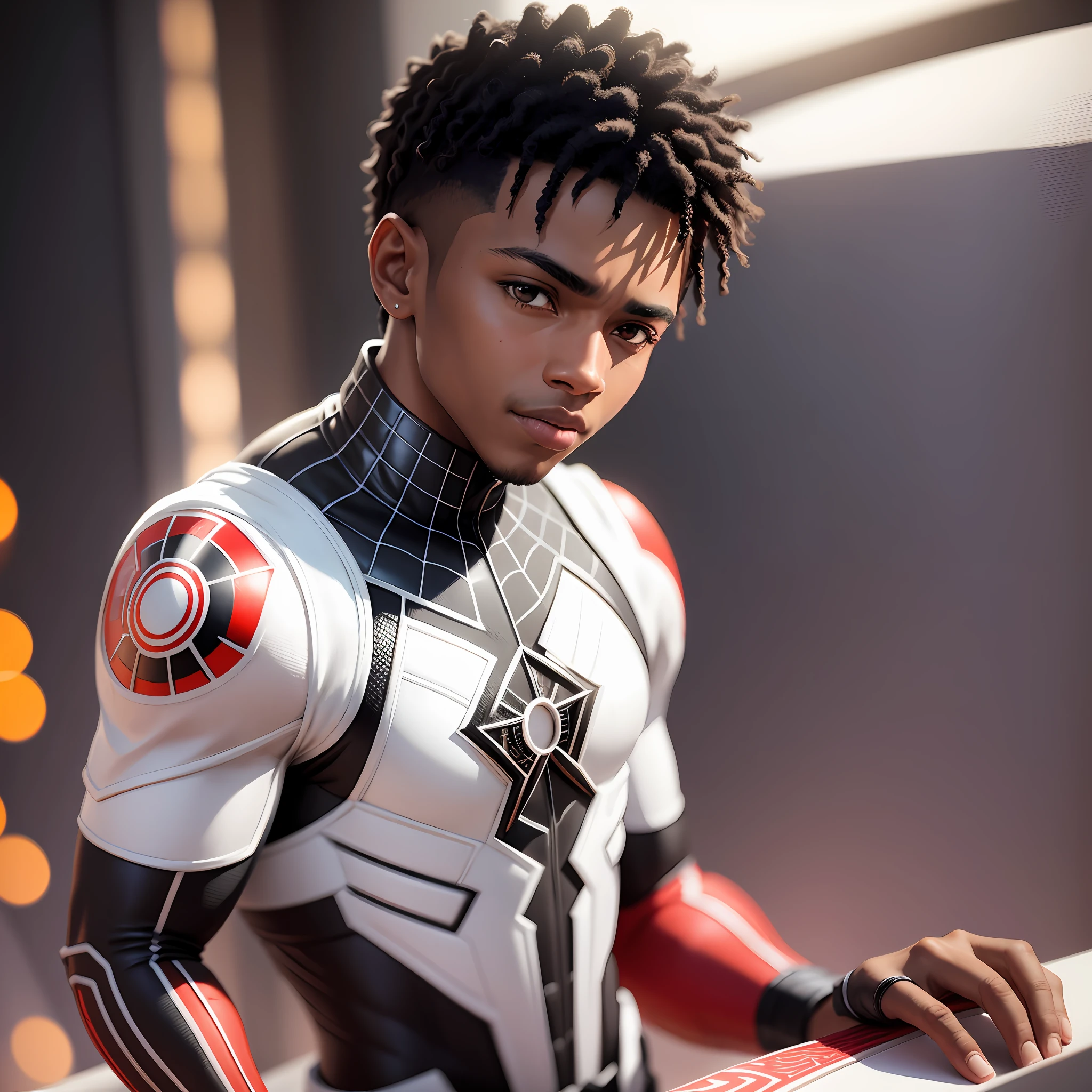 a latino black boy in a Miles Morales all-white and red costume. cinematic composition + intricate detailed, + rim lighting + focus + bokeh, 1X + Unsplash, taken by Canon EOS R5 RF85mm F1.8 MACRO lens 1/100sec ISO100   2:3 --auto --s2