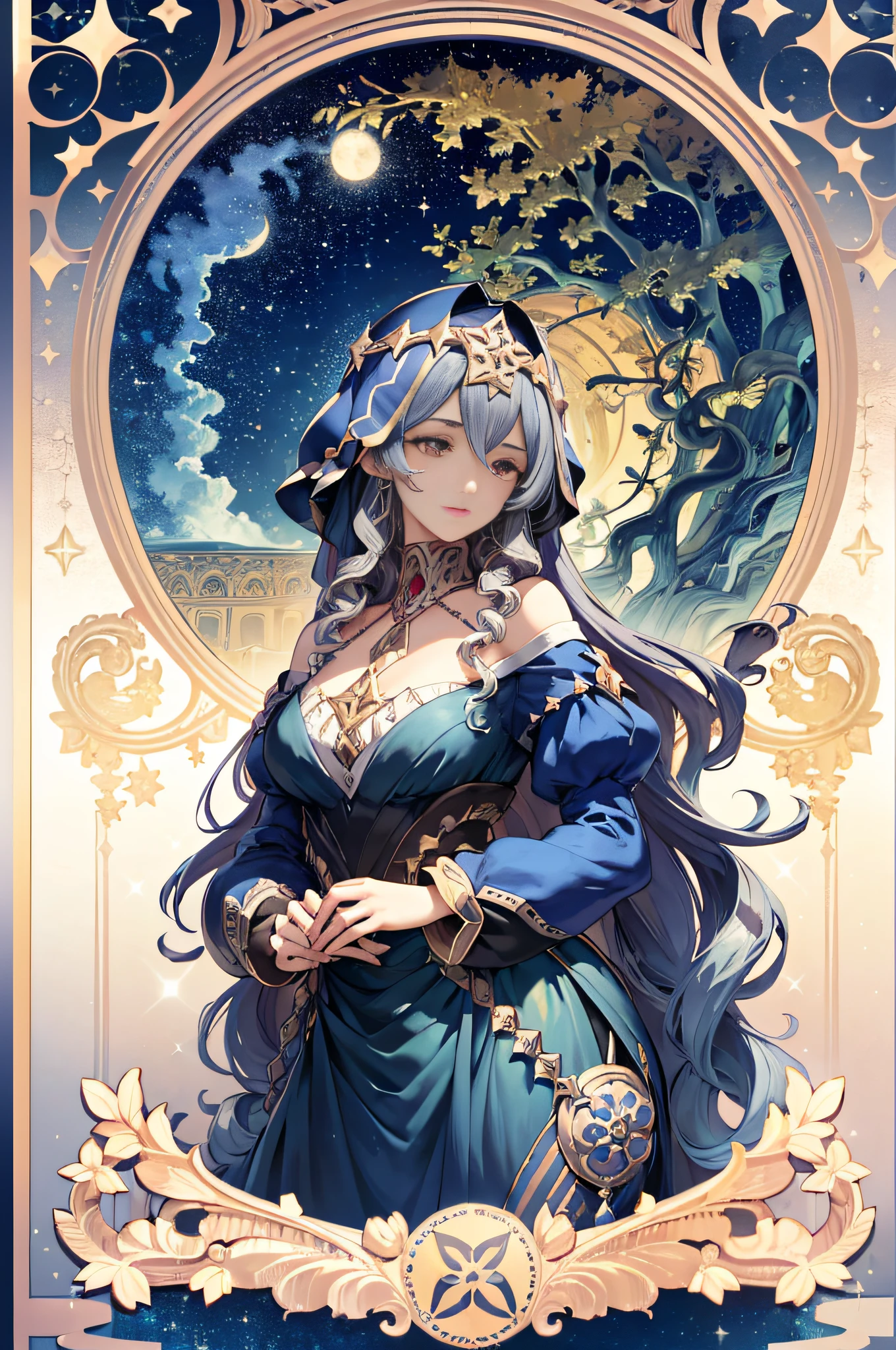 European woman face portrait, long curly hair, blonde, flower frame, decorative panels, abstract art, Alphonse Mucha (masterpiece, best quality, high resolution: 1.4), detailed, intricate details, 4K, color splashes, line art, Fibonacci, starry sky, night, outdoor, clouds, reflection, water, magic, tarot, water magic, sorceress, ((beautiful golden crystal star)) architecture, palace, patterns, Sumeru, clouds, moon