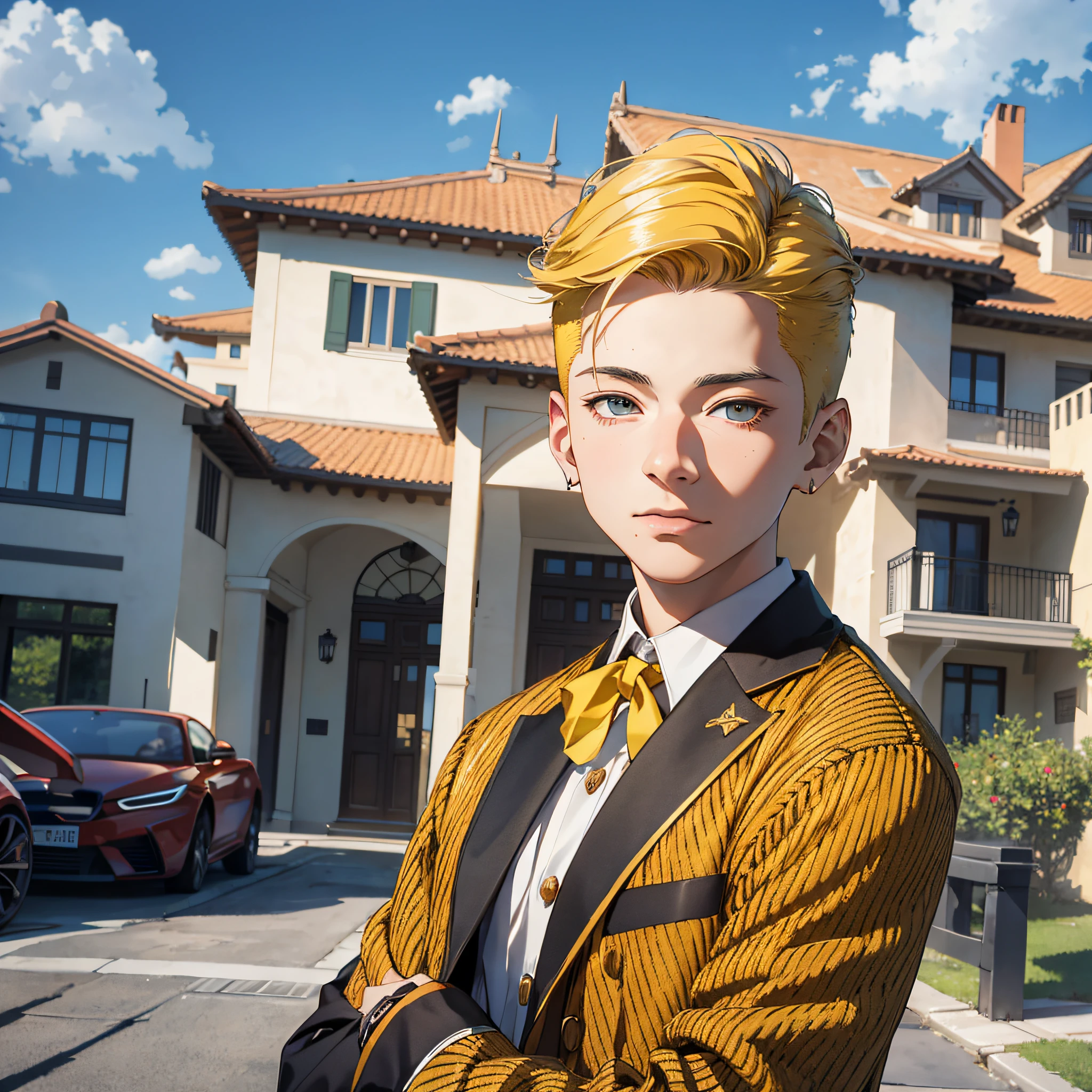 Absurd resolution, high resolution, (masterpiece: 1.4), hyper-detail, 1boy, face focus, male school yellow hair, stylish dress, luxury villas in the background, and luxury cars