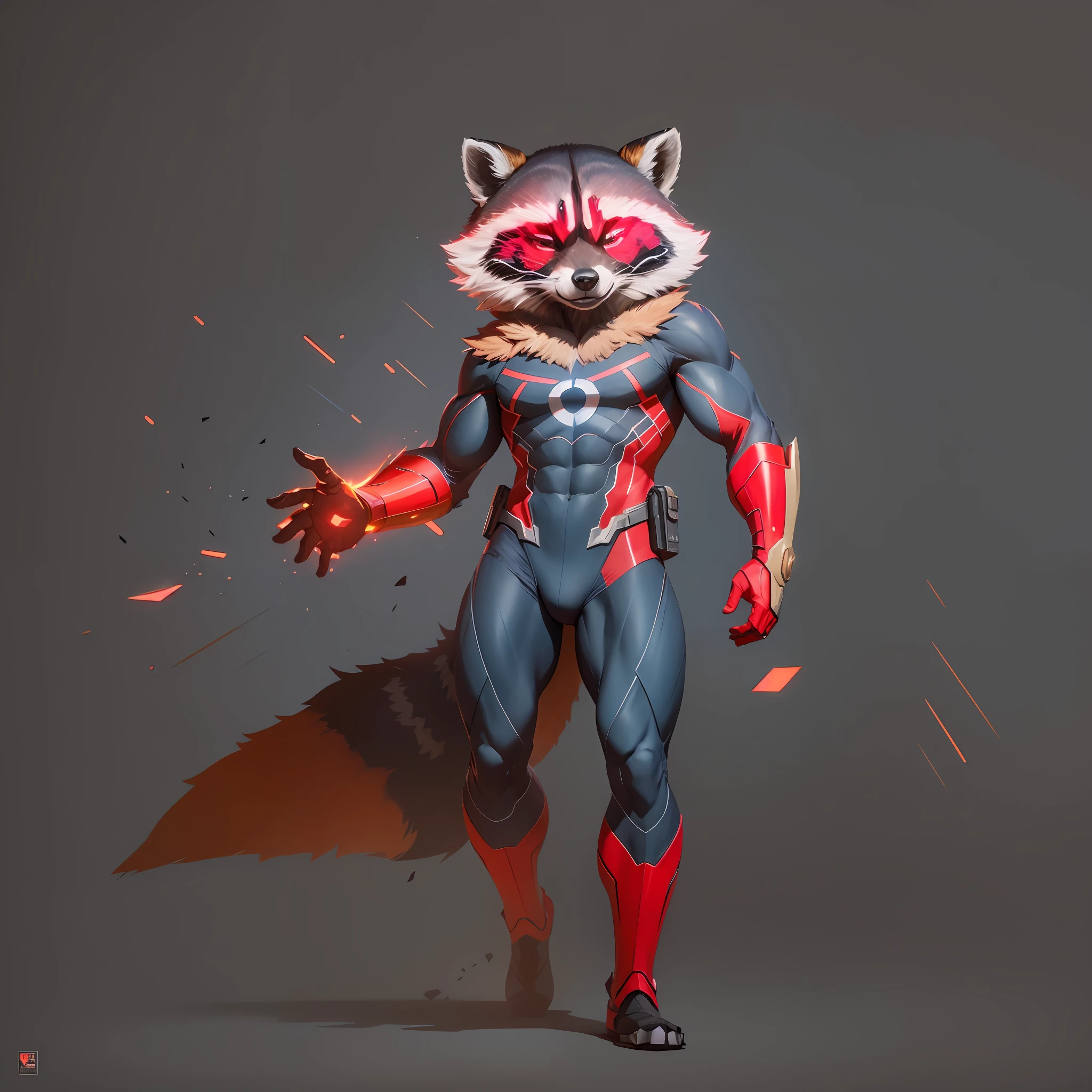 8k, realistic, charismatic, very detailed, raccoon, vision, superhero theme, full body, ray-traced images of Arthur Pan, trends on Artstation, digital art, red and cinematic lighting, dramatic shadows and beautiful vivid colors capture scenes. Romantic art style, flat perspective, character standing, perfect face, raccoon, vision, infinity stones, tights, fabric